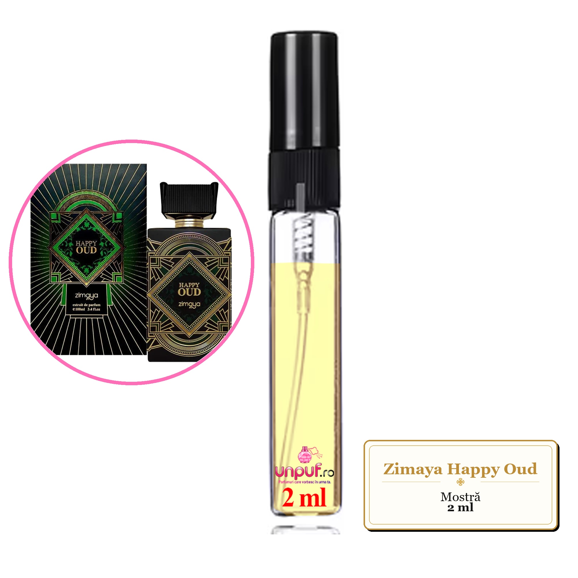 Mostra fiola din Parfumul Zimaya Happy Oud, decant sticla cu pulverizator
