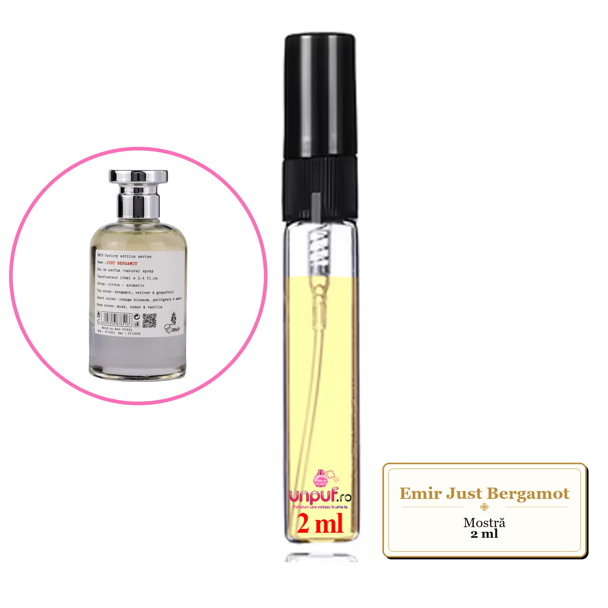 Mostra fiola din Parfumul Emir Just Bergamot, decant sticla cu pulverizator