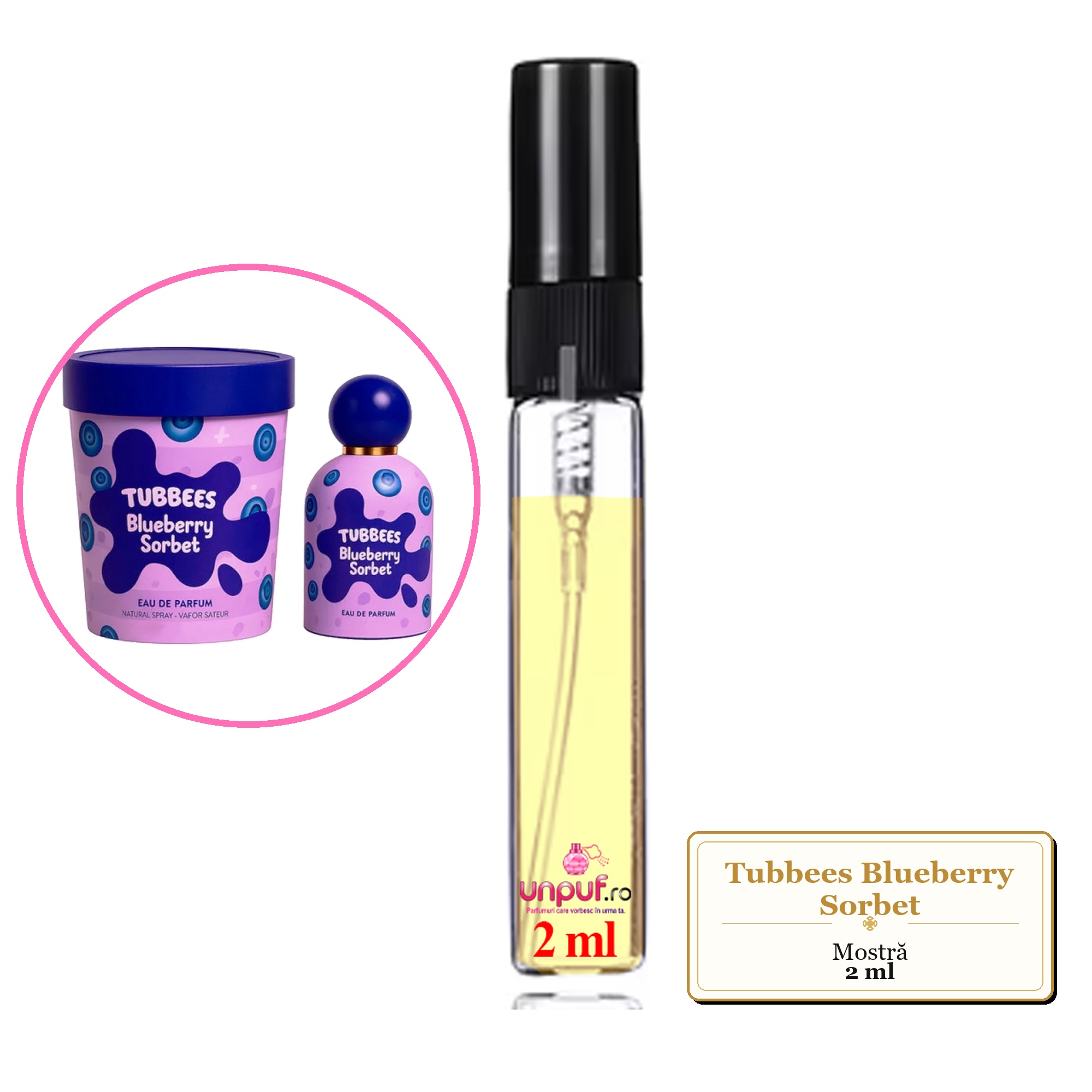 Mostra fiola din Parfumul Tubbees Blueberry Sorbet, decant sticla cu pulverizator 