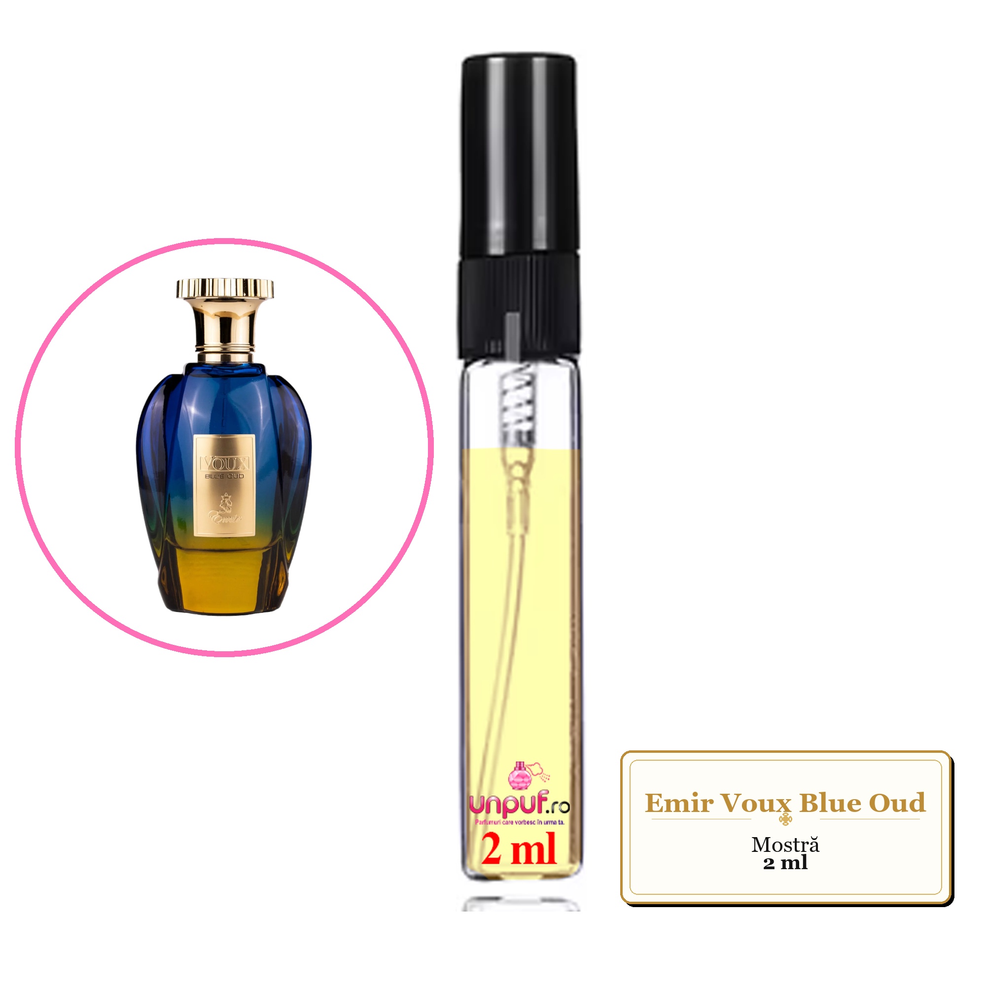 Mostra fiola din Parfumul Emir Voux Blue Oud, decant sticla cu pulverizator 