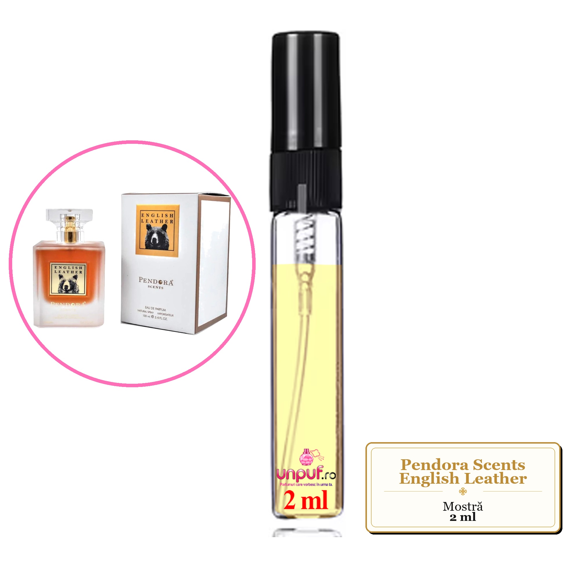 Mostra fiola din Parfumul Pendora Scents English Leather, decant sticla cu pulverizator 