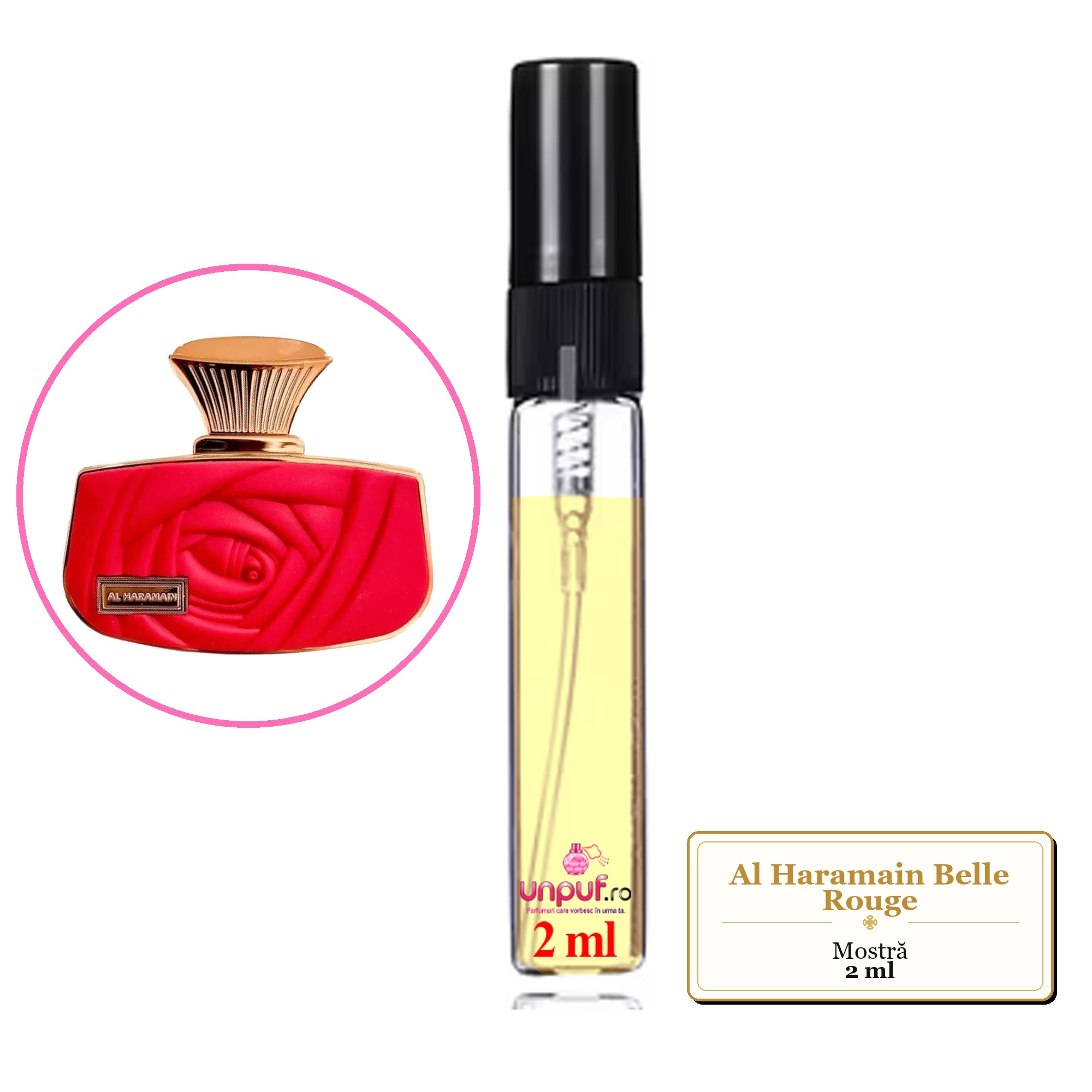 Mostra fiola din Parfumul Al Haramain Belle Rouge, decant sticla cu pulverizator