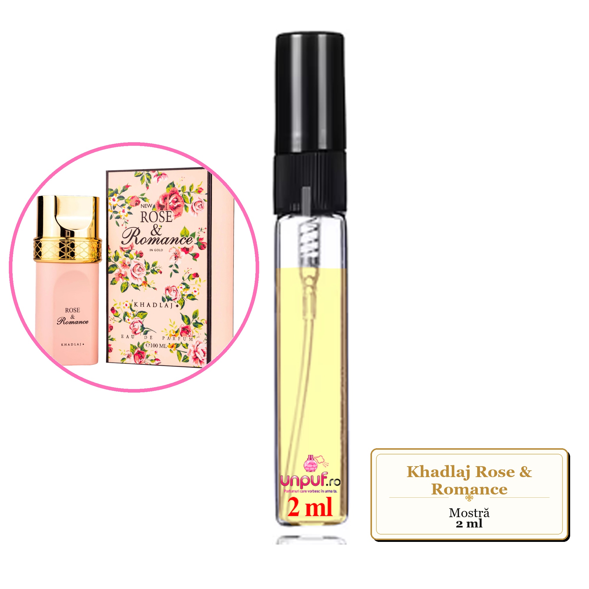 Mostra fiola din Parfumul Khadlaj Rose & Romance, decant sticla cu pulverizator 