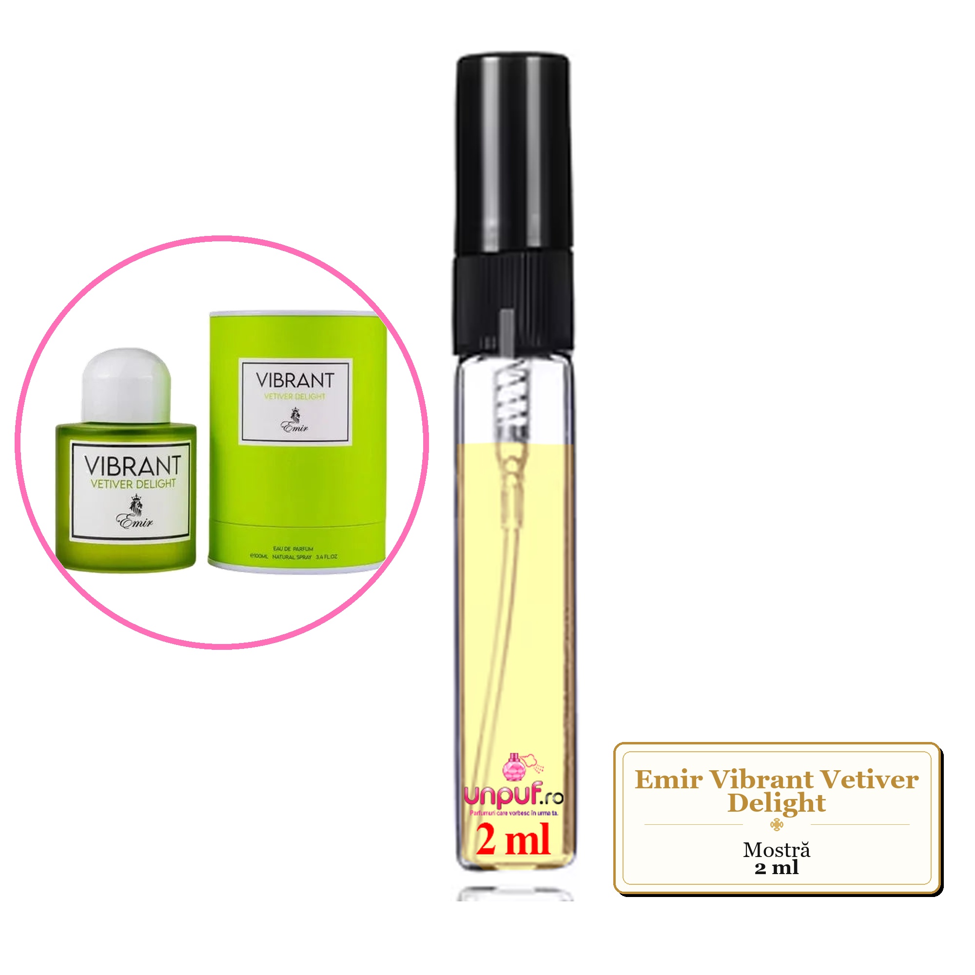Mostra fiola din Parfumul Emir Vibrant Vetiver Delight, decant sticla cu pulverizator