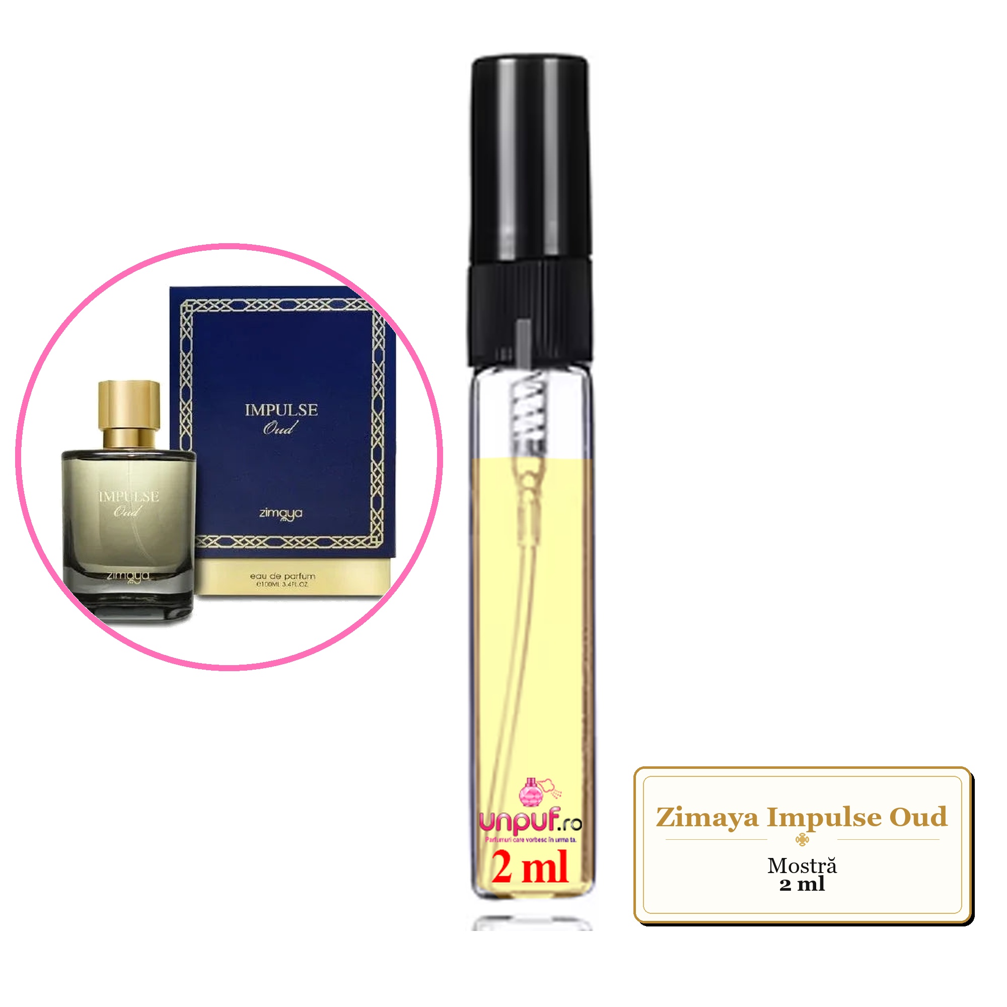 Mostra fiola din Parfumul Zimaya Impulse Oud, decant sticla cu pulverizator 