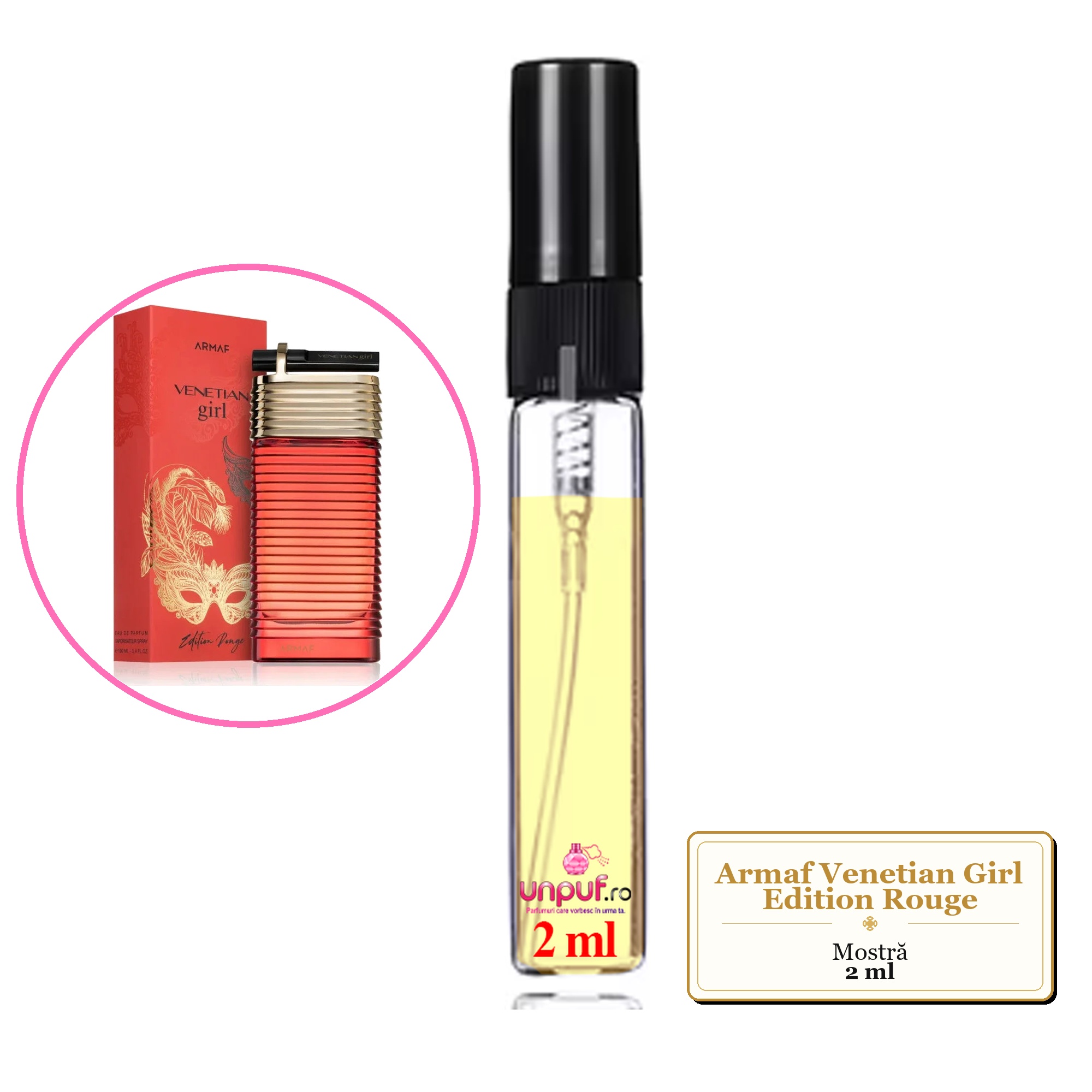 Mostra fiola din Parfumul Armaf Venetian Girl Edition Rouge, decant sticla cu pulverizator 