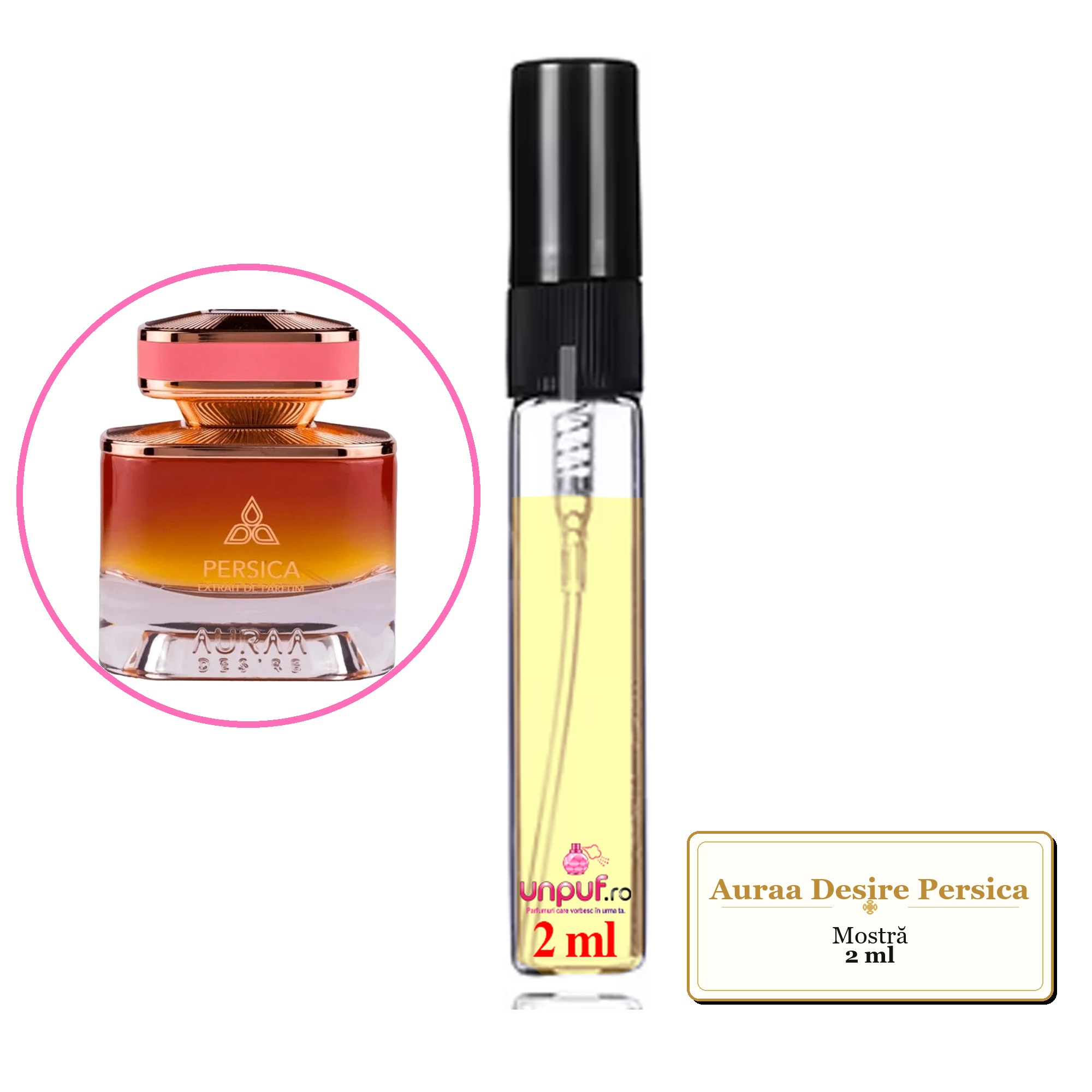 Mostra fiola din Parfumul Auraa Desire Persica, decant sticla cu pulverizator 