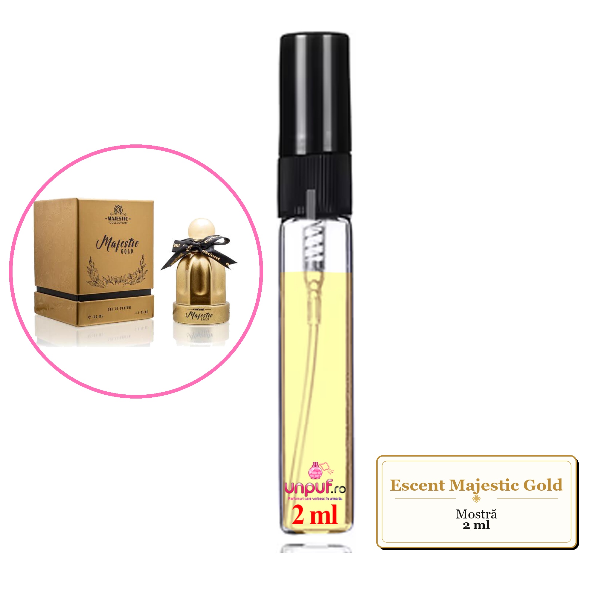 Mostra fiola din Parfumul Escent Majestic Gold, decant sticla cu pulverizator 
