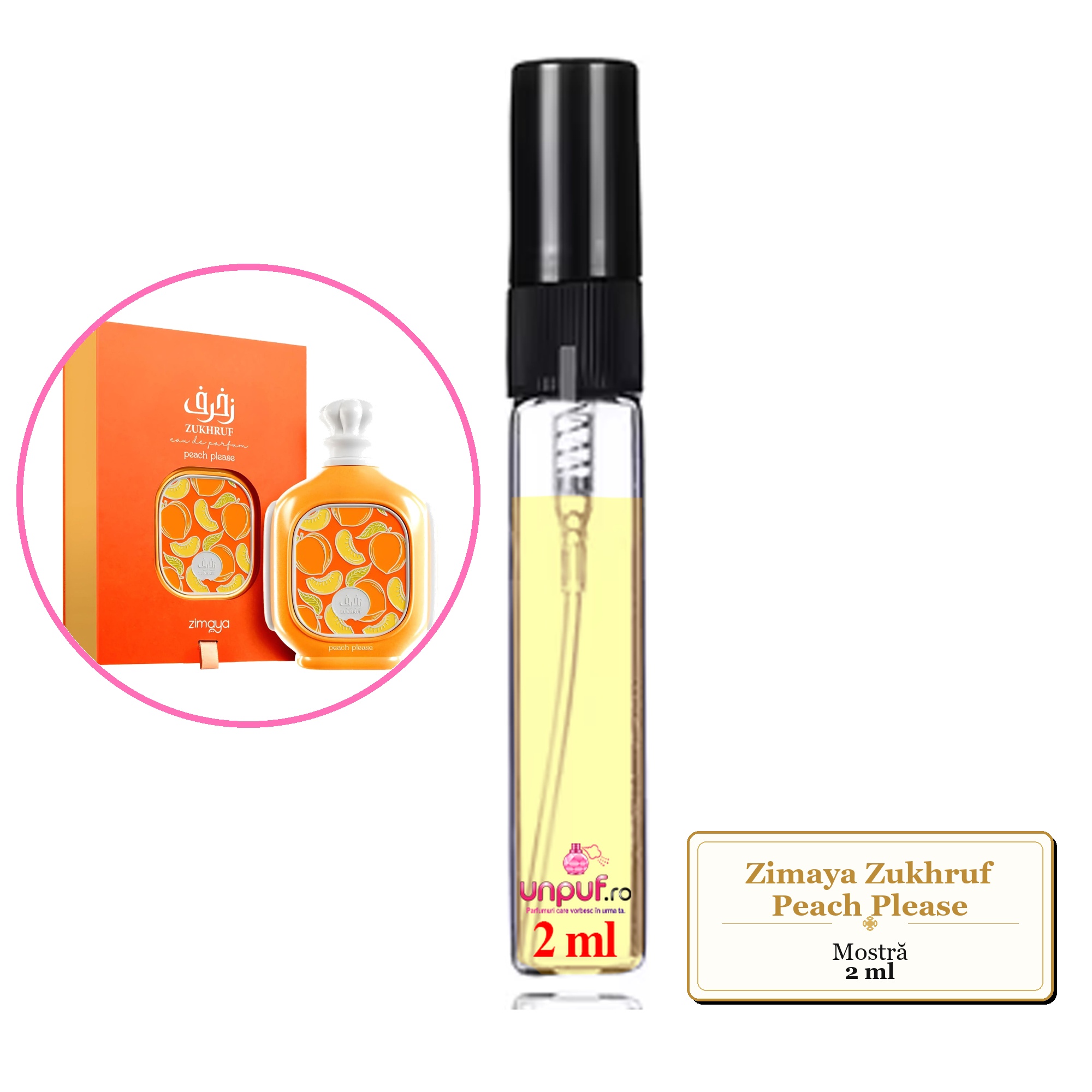 Mostra fiola din Parfumul Zimaya Zukhruf Peach Please, decant sticla cu pulverizator 