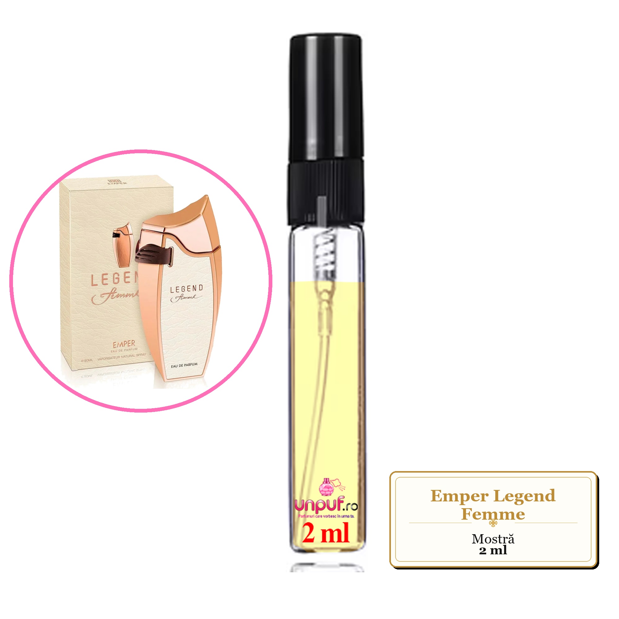 Mostra fiola din Parfumul Emper Legend Femme, decant sticla cu pulverizator 