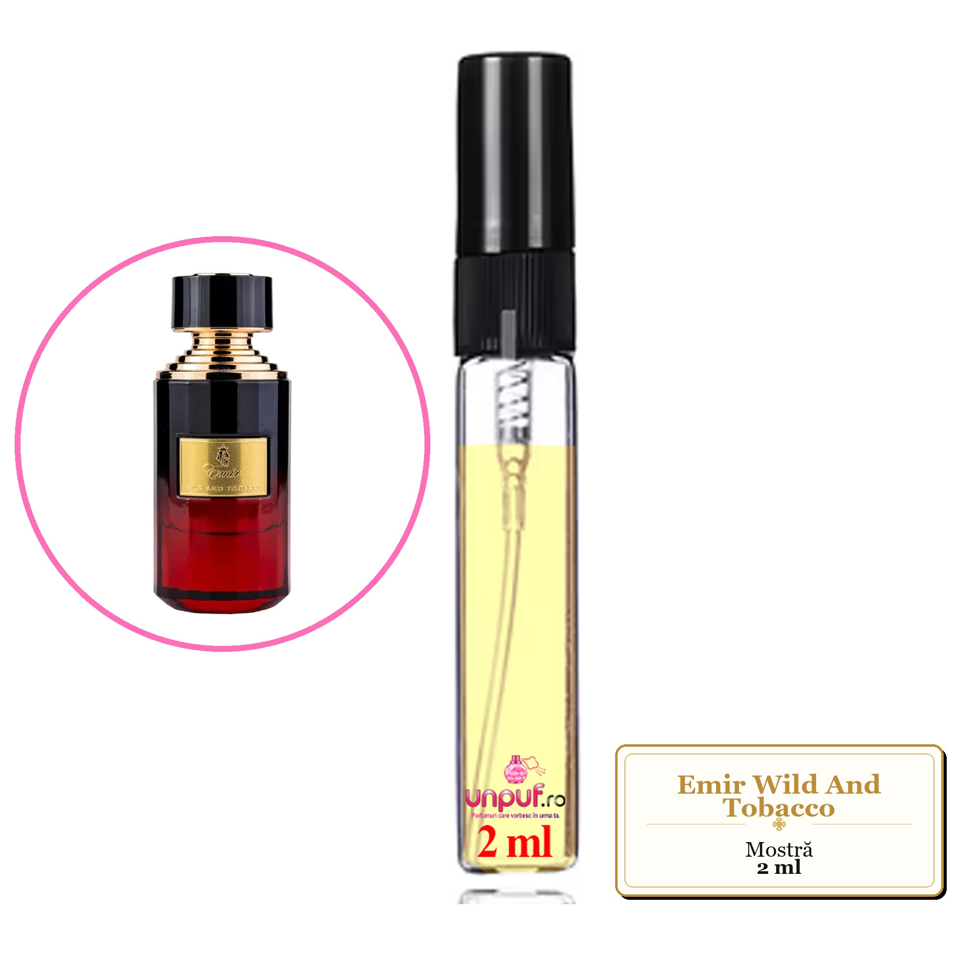Mostra fiola din Parfumul Emir Wild And Tobacco, decant sticla cu pulverizator 