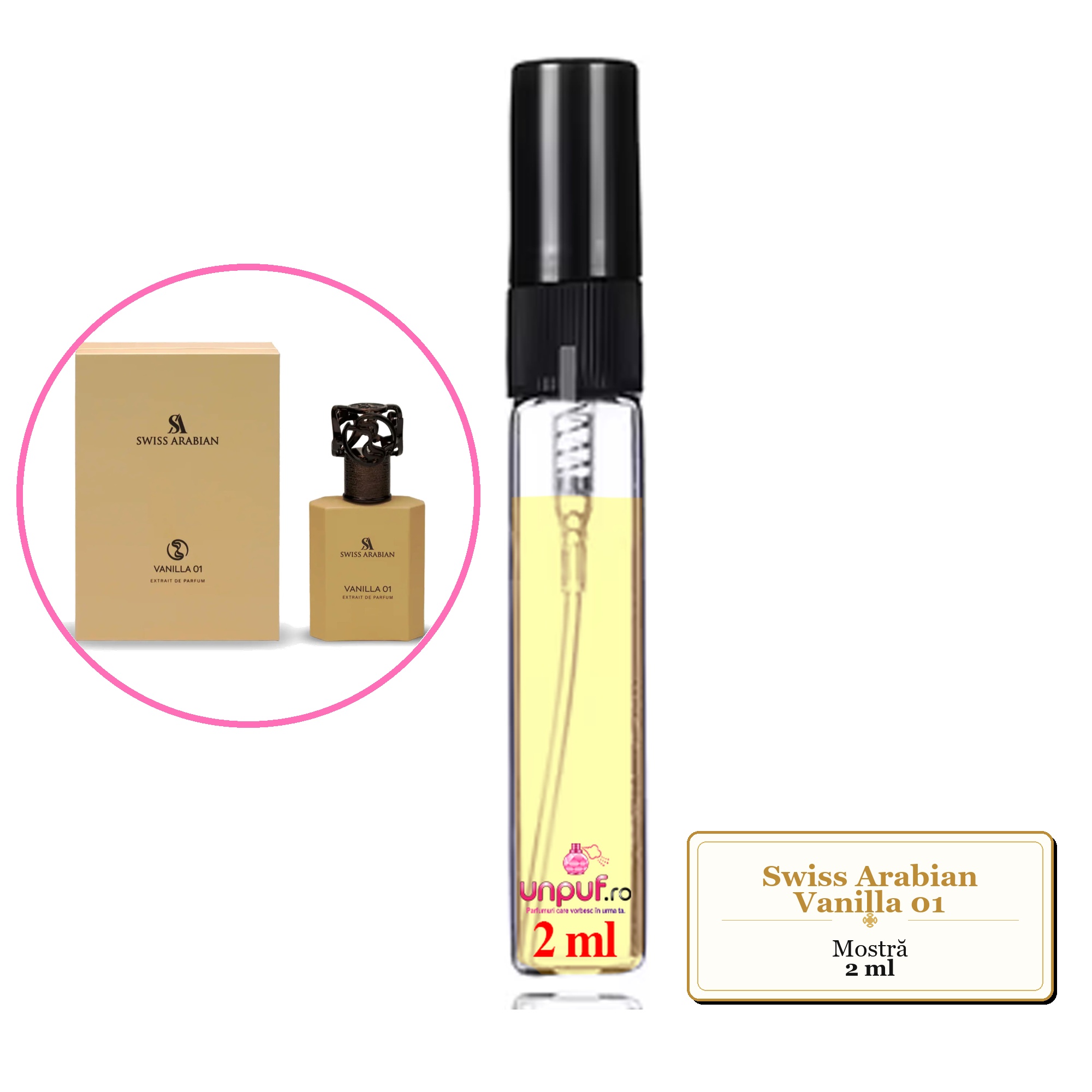 Mostra fiola din Parfumul Swiss Arabian Vanilla 01, decant sticla cu pulverizator 