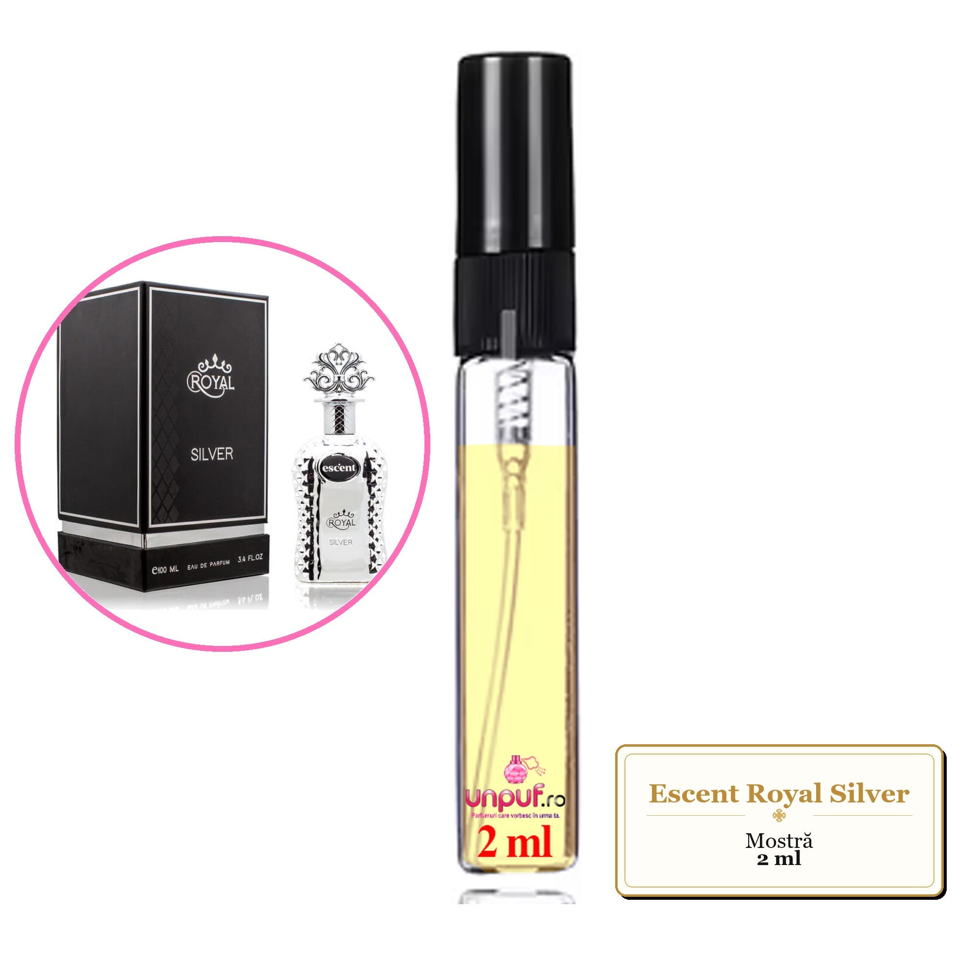 Mostra fiola din Parfumul Escent Royal Silver, decant sticla cu pulverizator 