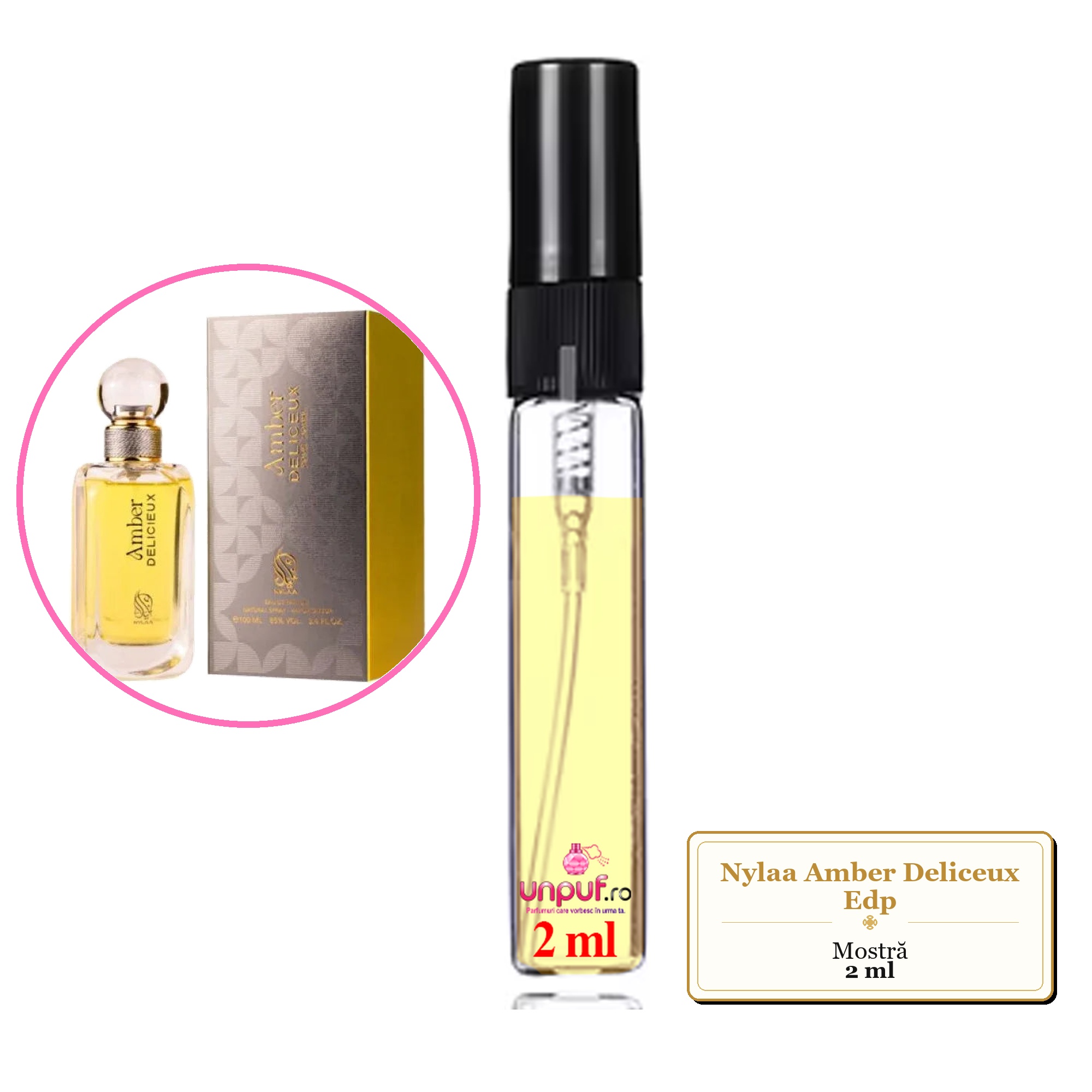 Mostra fiola din Parfumul Nylaa Amber Deliceux Edp, decant sticla cu pulverizator 