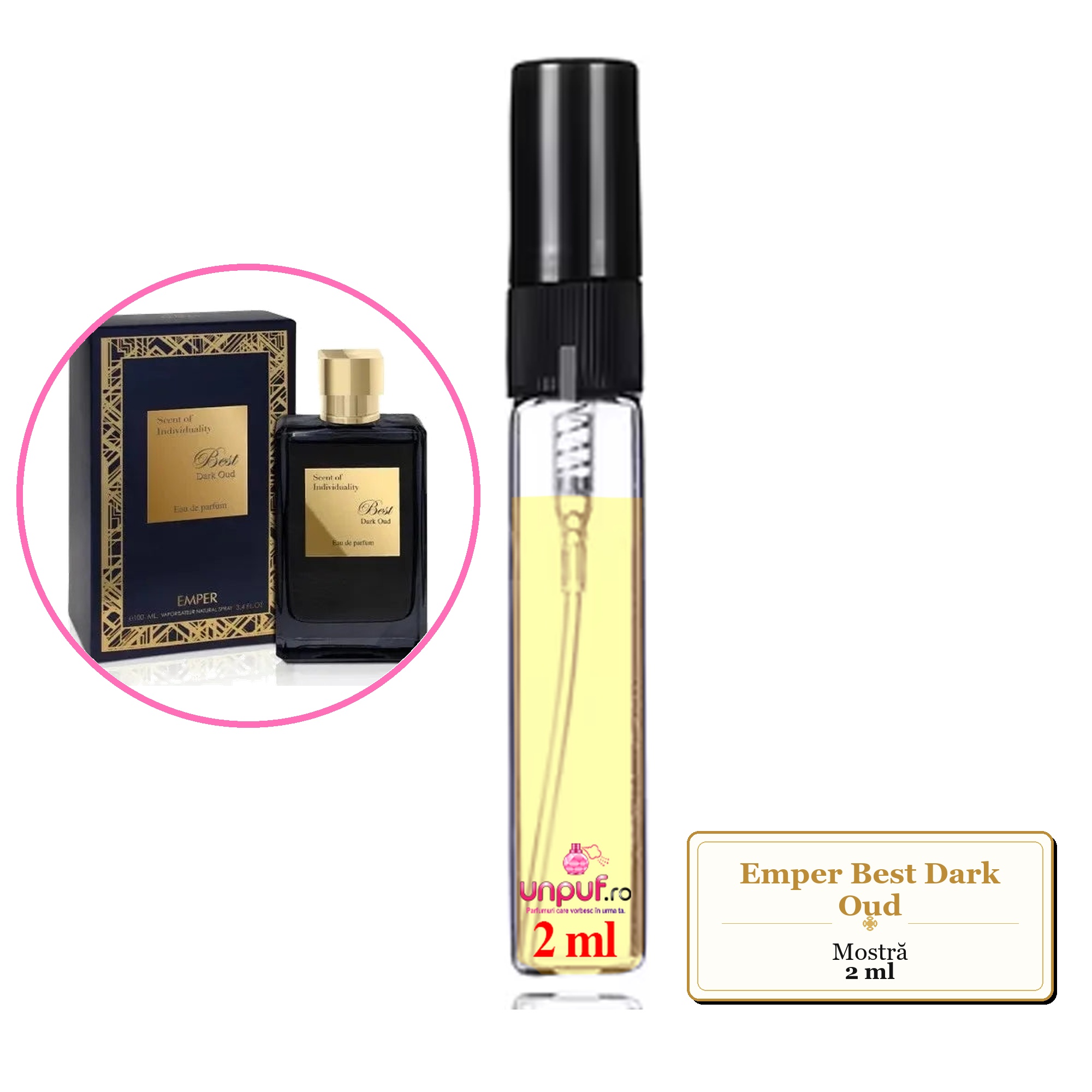 Mostra fiola din Parfumul Emper Best Dark Oud, decant sticla cu pulverizator 