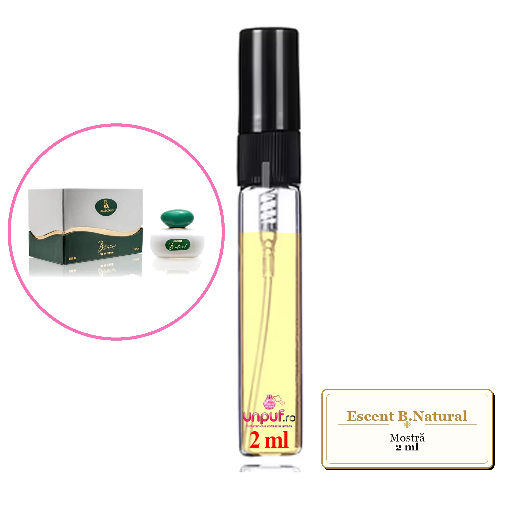 Mostra fiola din Parfumul Escent B.Natural, decant sticla cu pulverizator 