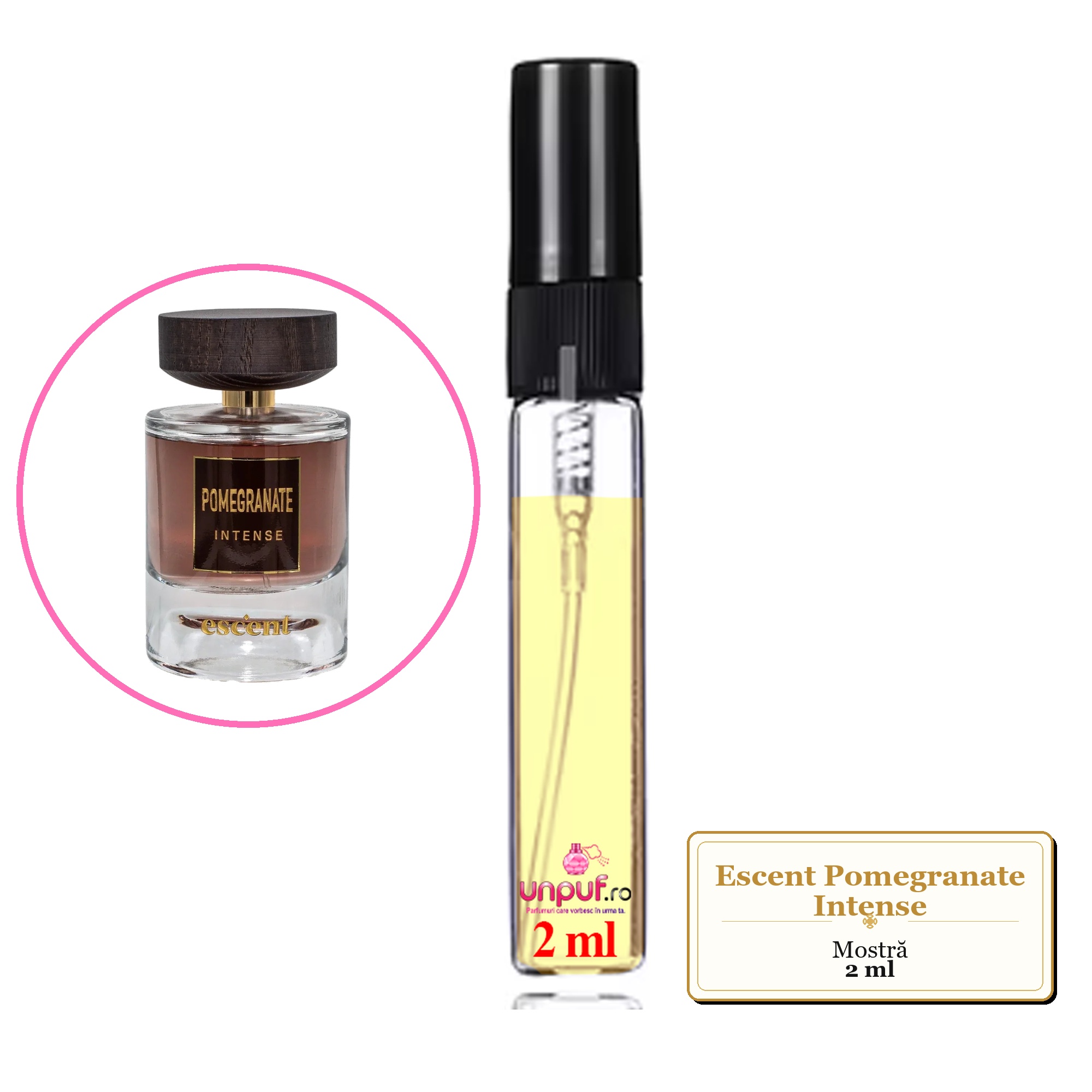 Mostra fiola din Parfumul Escent Pomegranate Intense, decant sticla cu pulverizator 