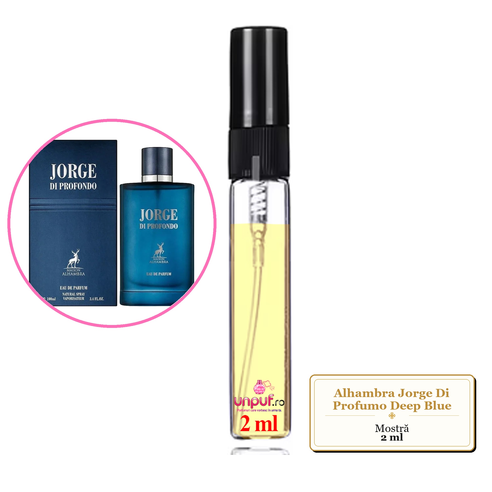 Mostra fiola din Parfumul Alhambra Jorge Di Profumo Deep Blue, decant sticla cu pulverizator