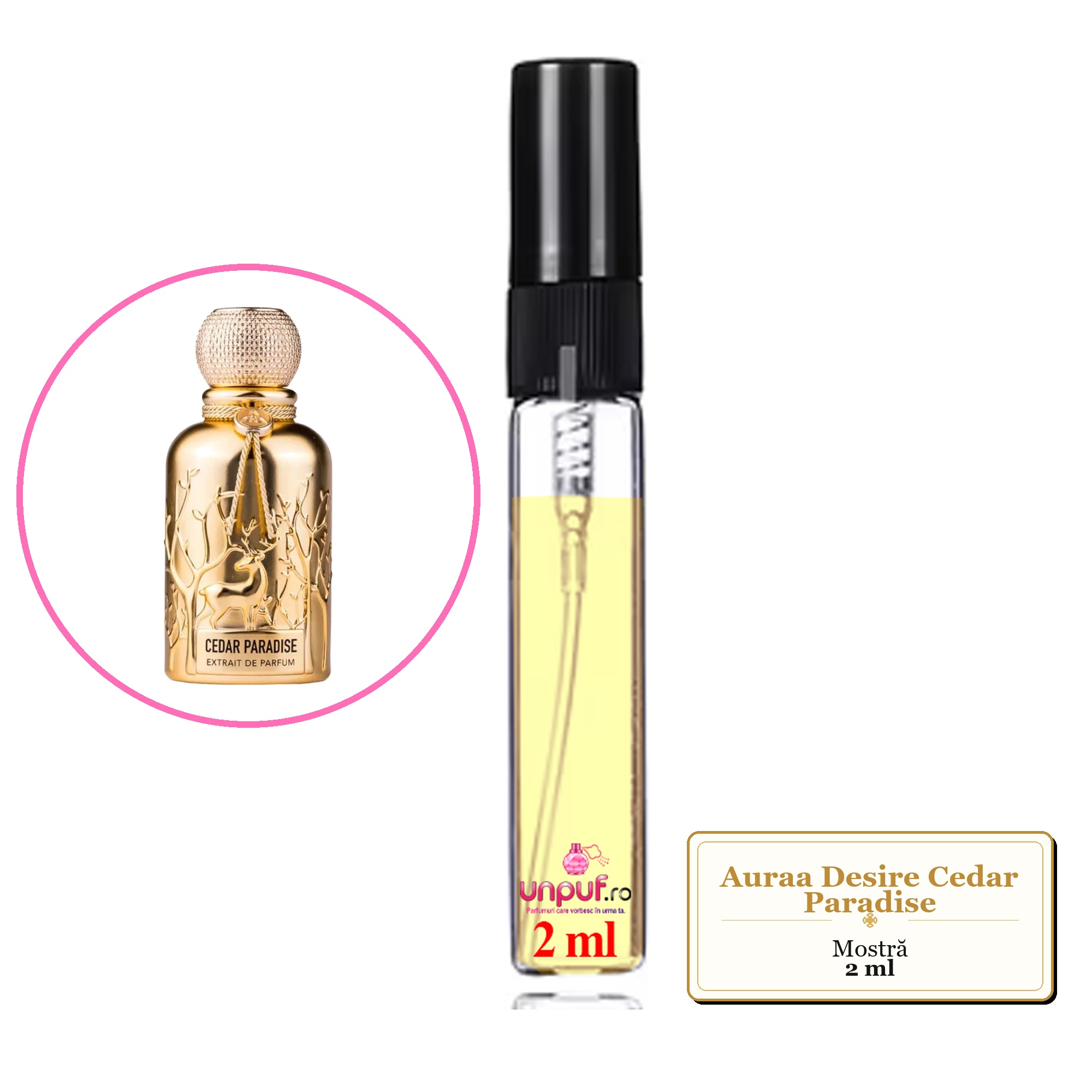 Mostra fiola din Parfumul Auraa Desire Cedar Paradise, decant sticla cu pulverizator 