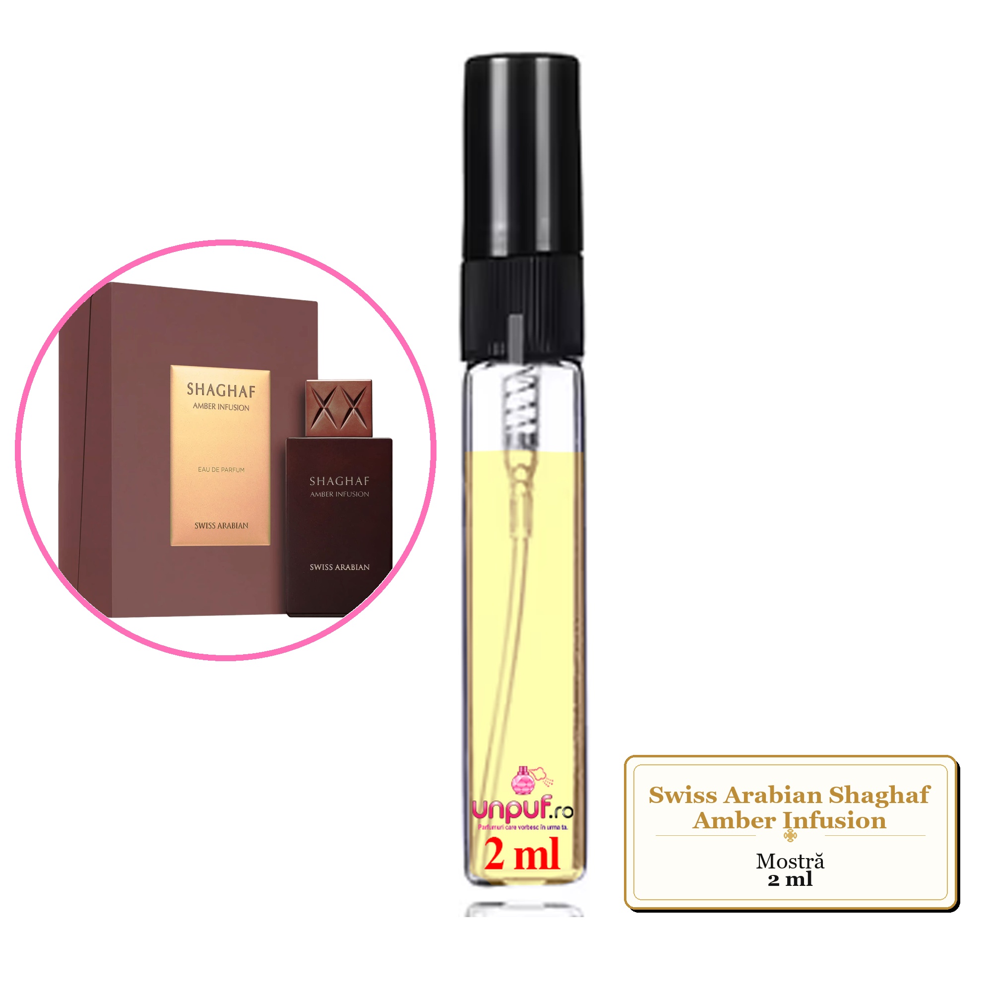 Mostra fiola din Parfumul Swiss Arabian Shaghaf Amber Infusion, decant sticla cu pulverizator 