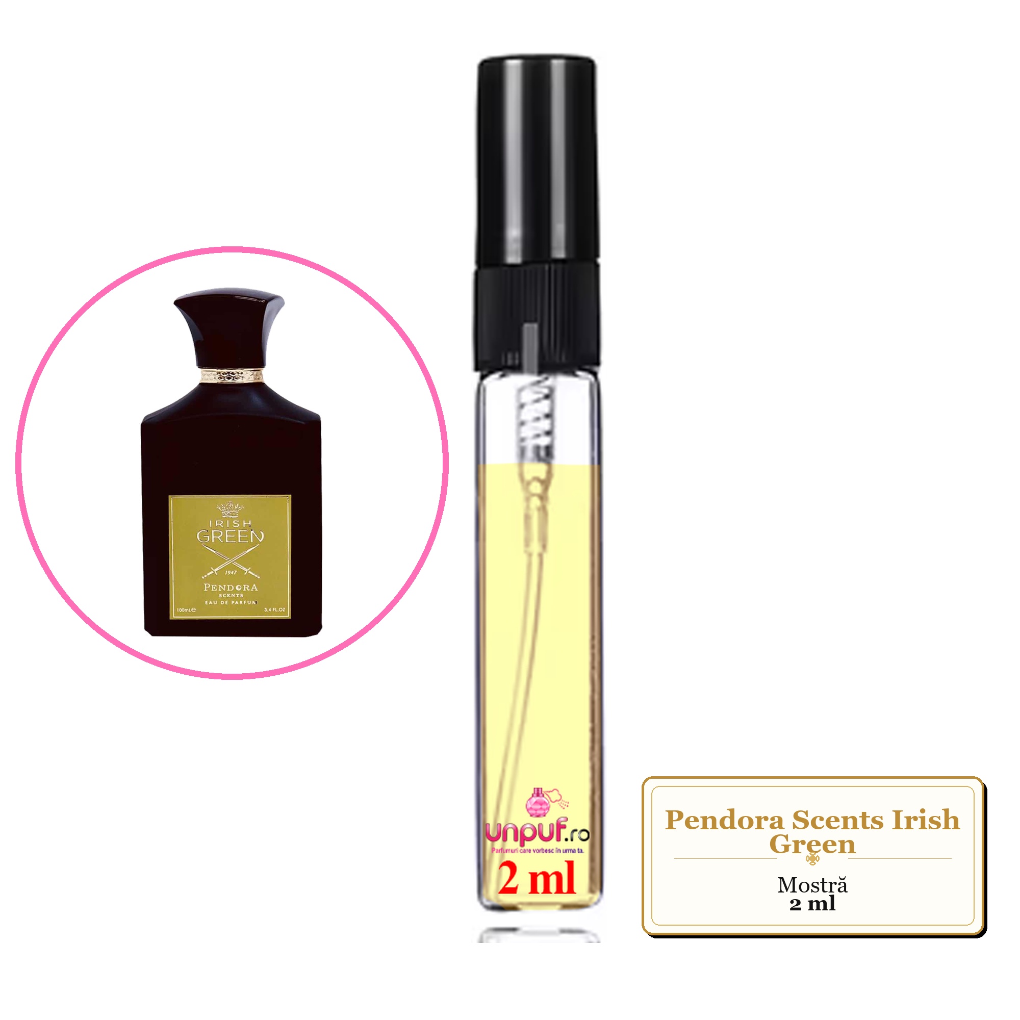 Mostra fiola din Parfumul Pendora Scents Irish Green, decant sticla cu pulverizator