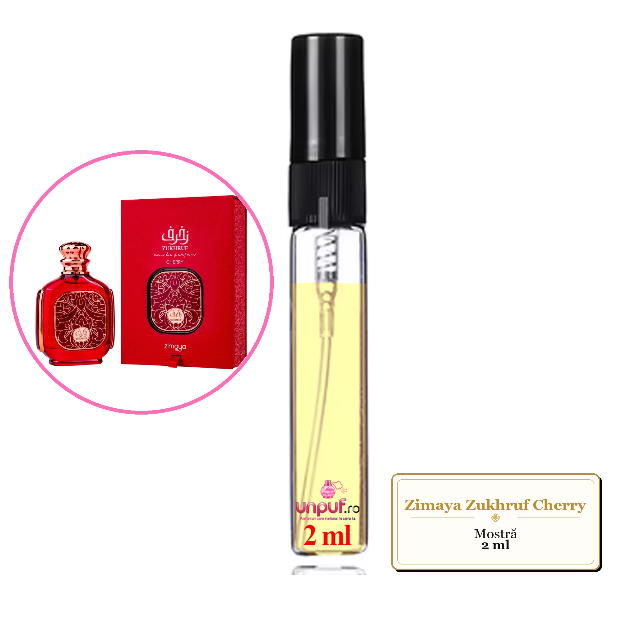 Mostra fiola din Parfumul Zimaya Zukhruf Cherry, decant sticla cu pulverizator 