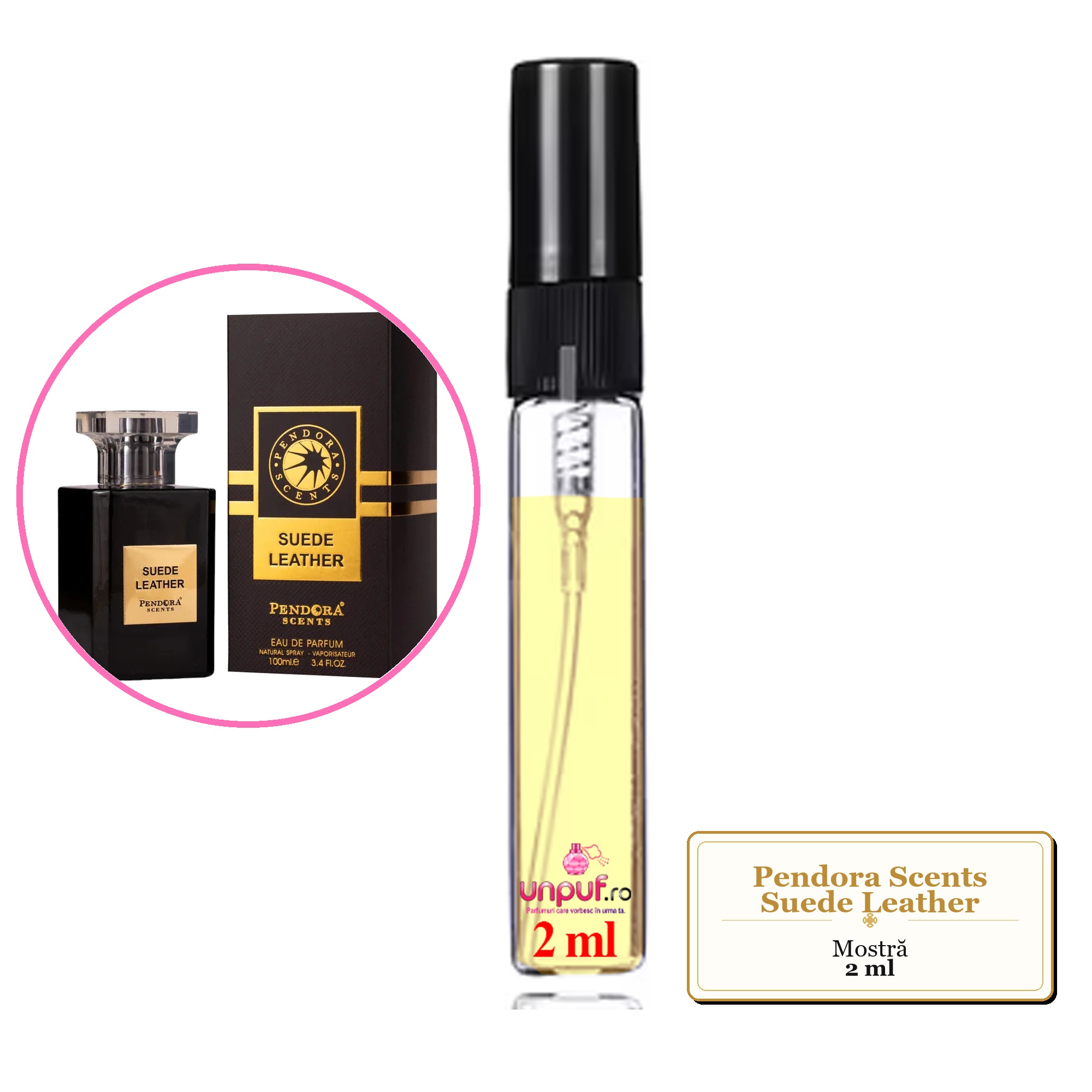 Mostra fiola din Parfumul Pendora Scents Suede Leather, decant sticla cu pulverizator