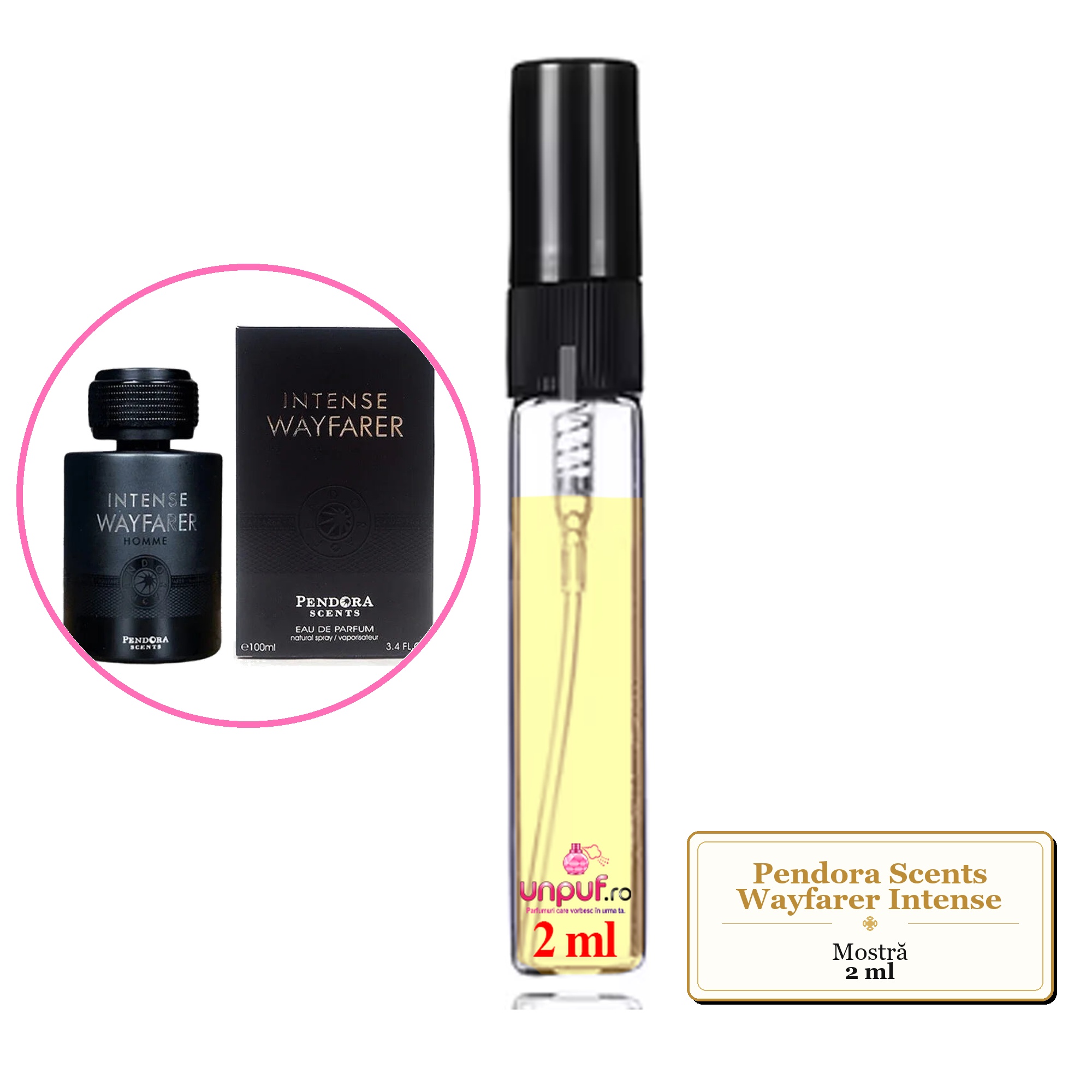 Mostra fiola din Parfumul Pendora Scents Wayfarer Intense, decant sticla cu pulverizator 