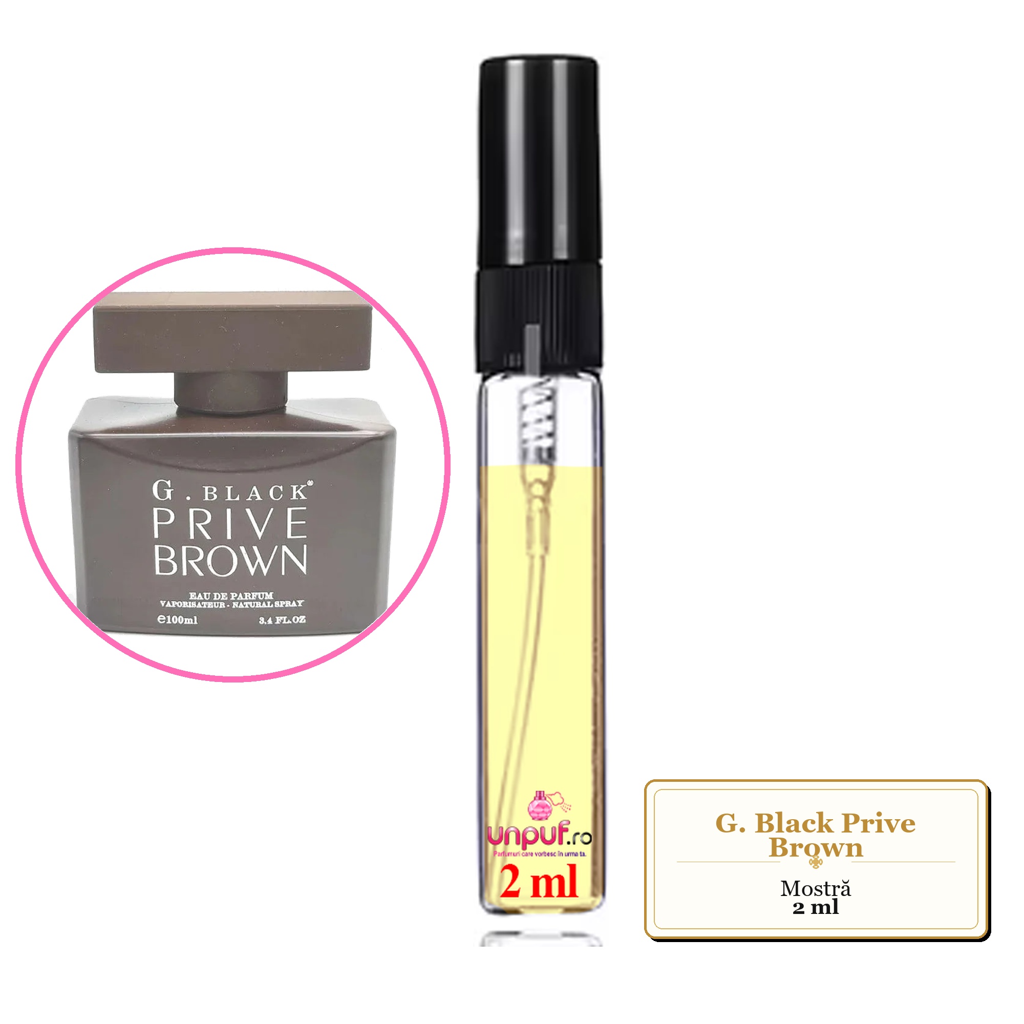 Mostra fiola din Parfumul G. Black Prive Brown, decant sticla cu pulverizator