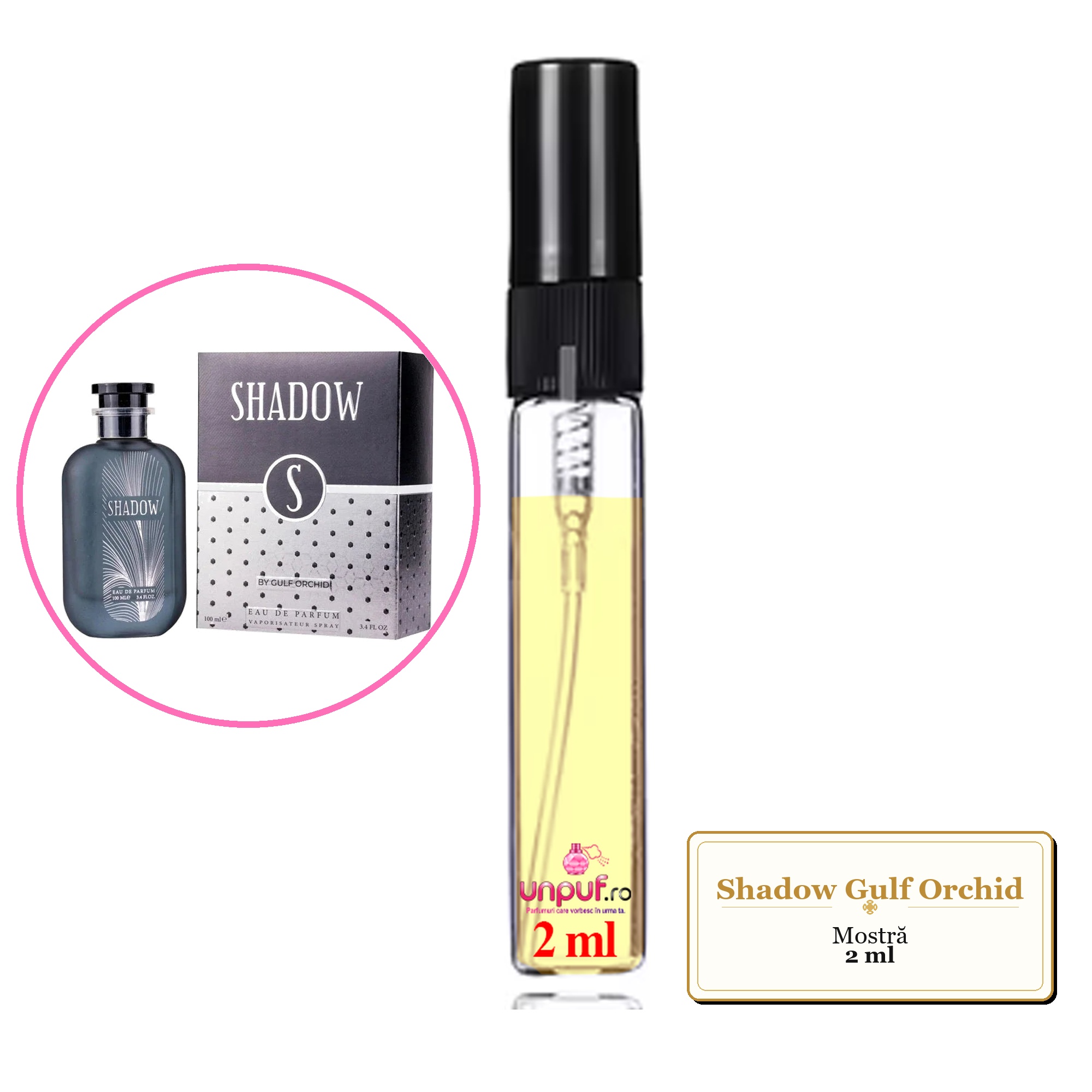 Mostra fiola din Parfumul Shadow Gulf Orchid, decant sticla cu pulverizator 