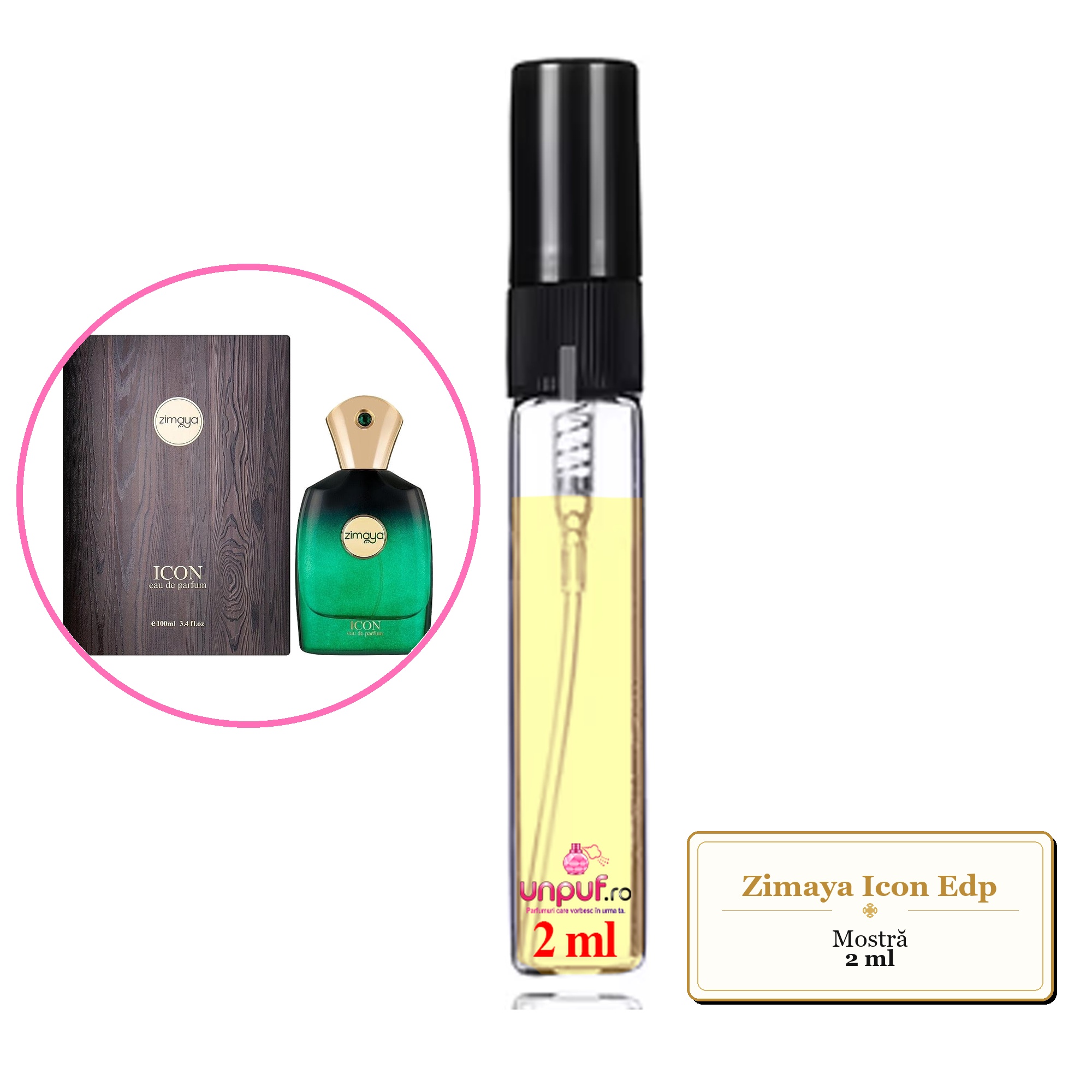 Mostra fiola din Parfumul Zimaya Icon Edp, decant sticla cu pulverizator