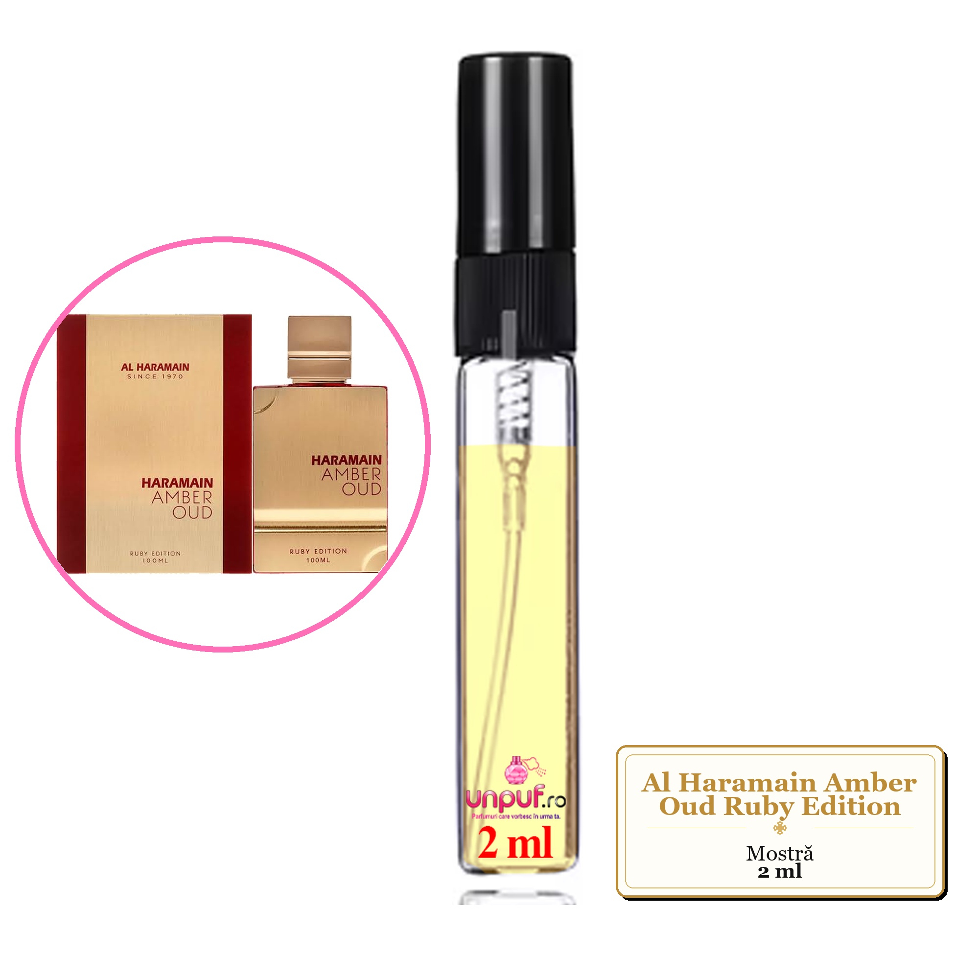Mostra fiola din Parfumul Al Haramain Amber Oud Ruby Edition, decant sticla cu pulverizator