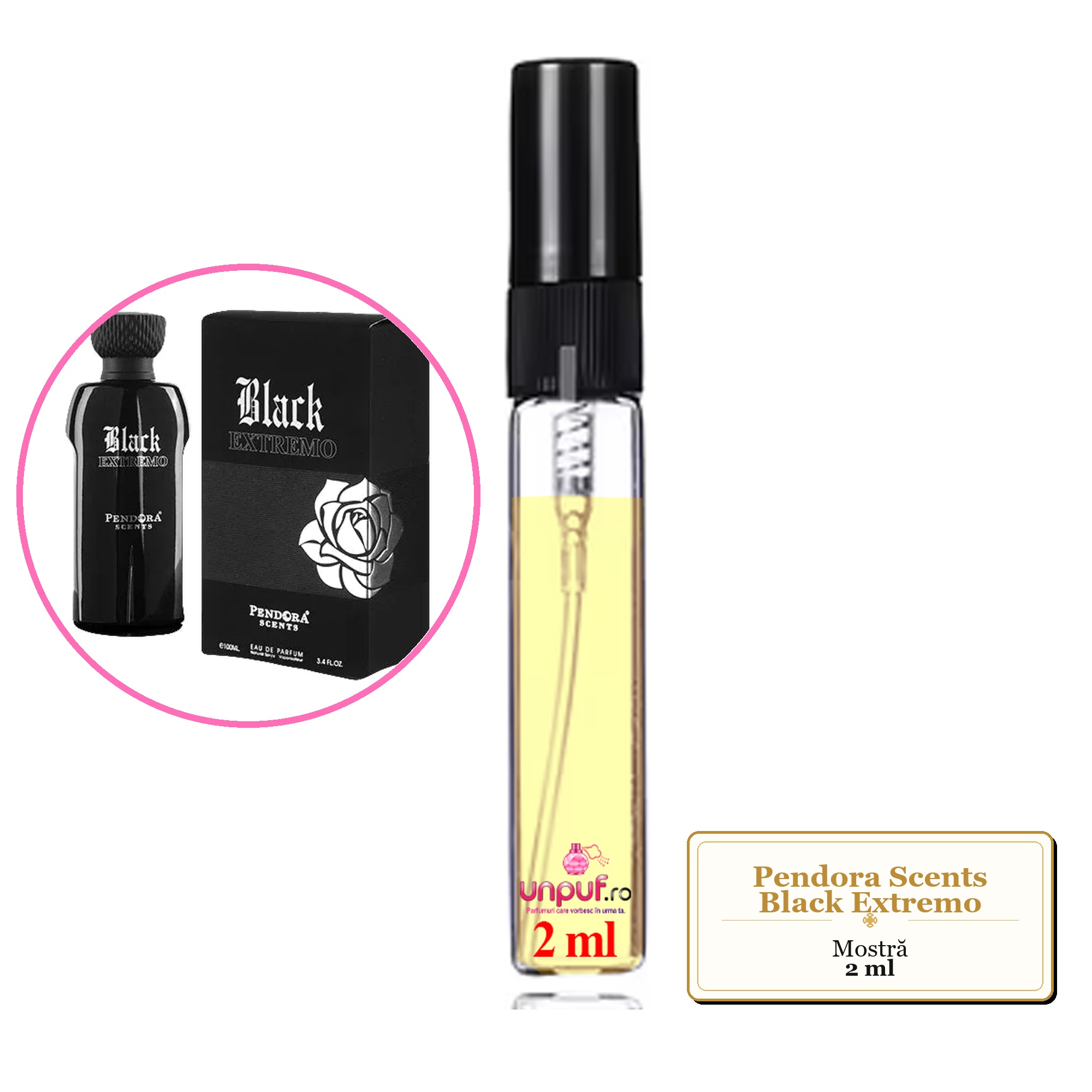 Mostra fiola din Parfumul Pendora Scents Black Extremo, decant sticla cu pulverizator