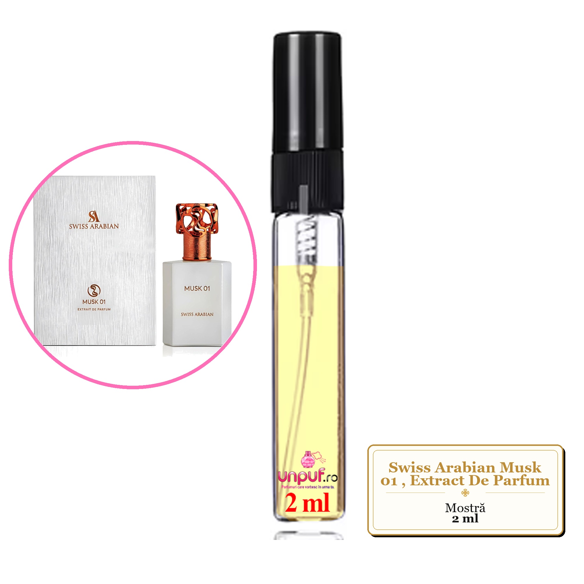Mostra fiola din Parfumul Swiss Arabian Musk 01, Extract De Parfum, decant sticla cu pulverizator