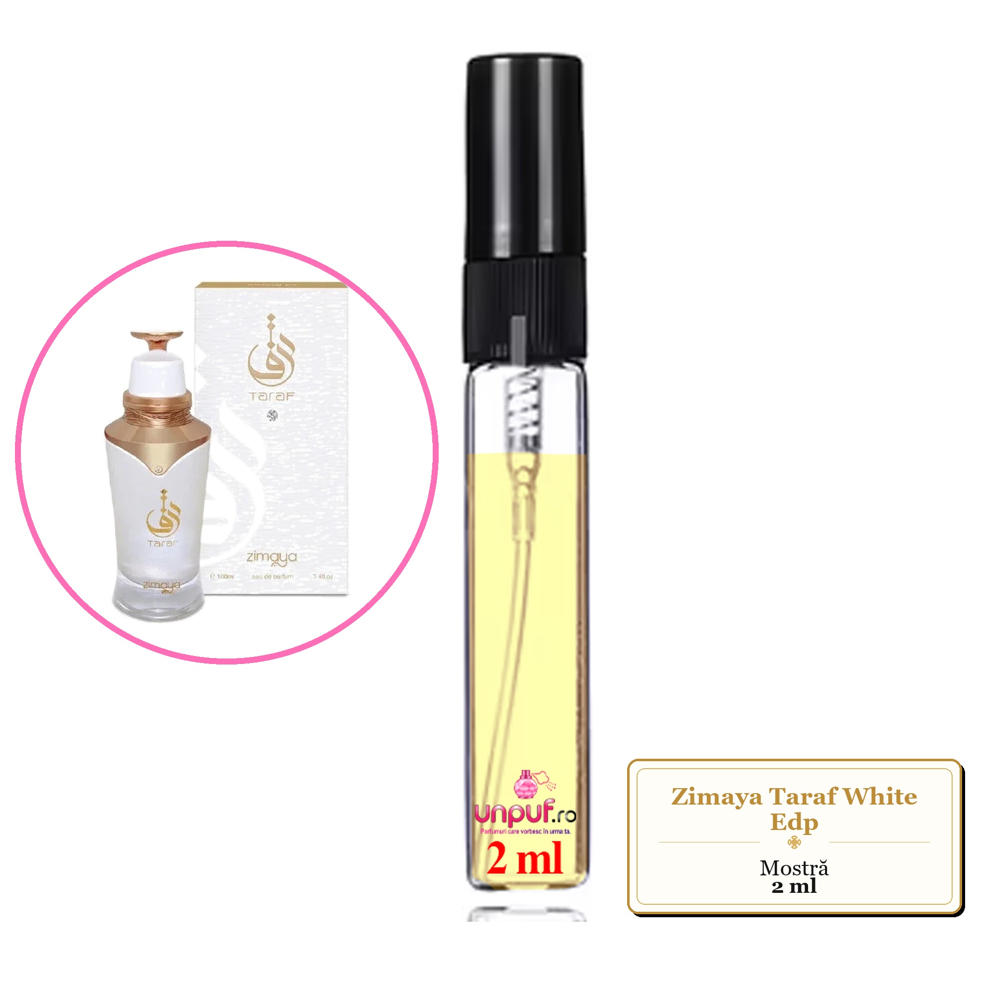 Mostra fiola din Parfumul Zimaya Taraf White Edp, decant sticla cu pulverizator 