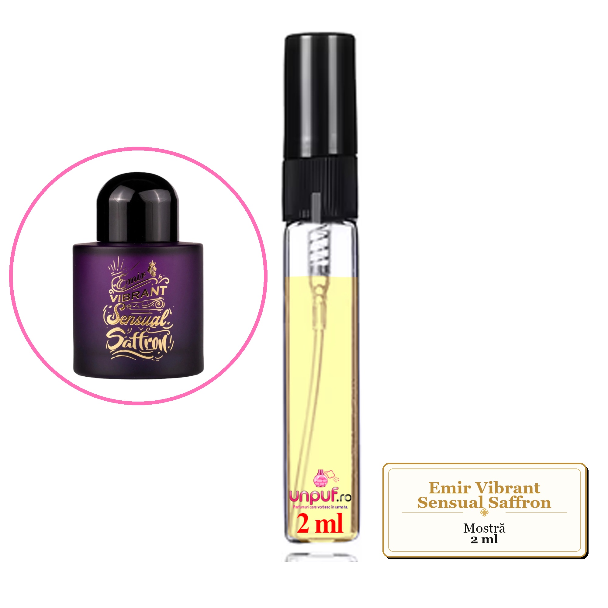 Mostra fiola din Parfumul Emir Vibrant Sensual Saffron, decant sticla cu pulverizator 