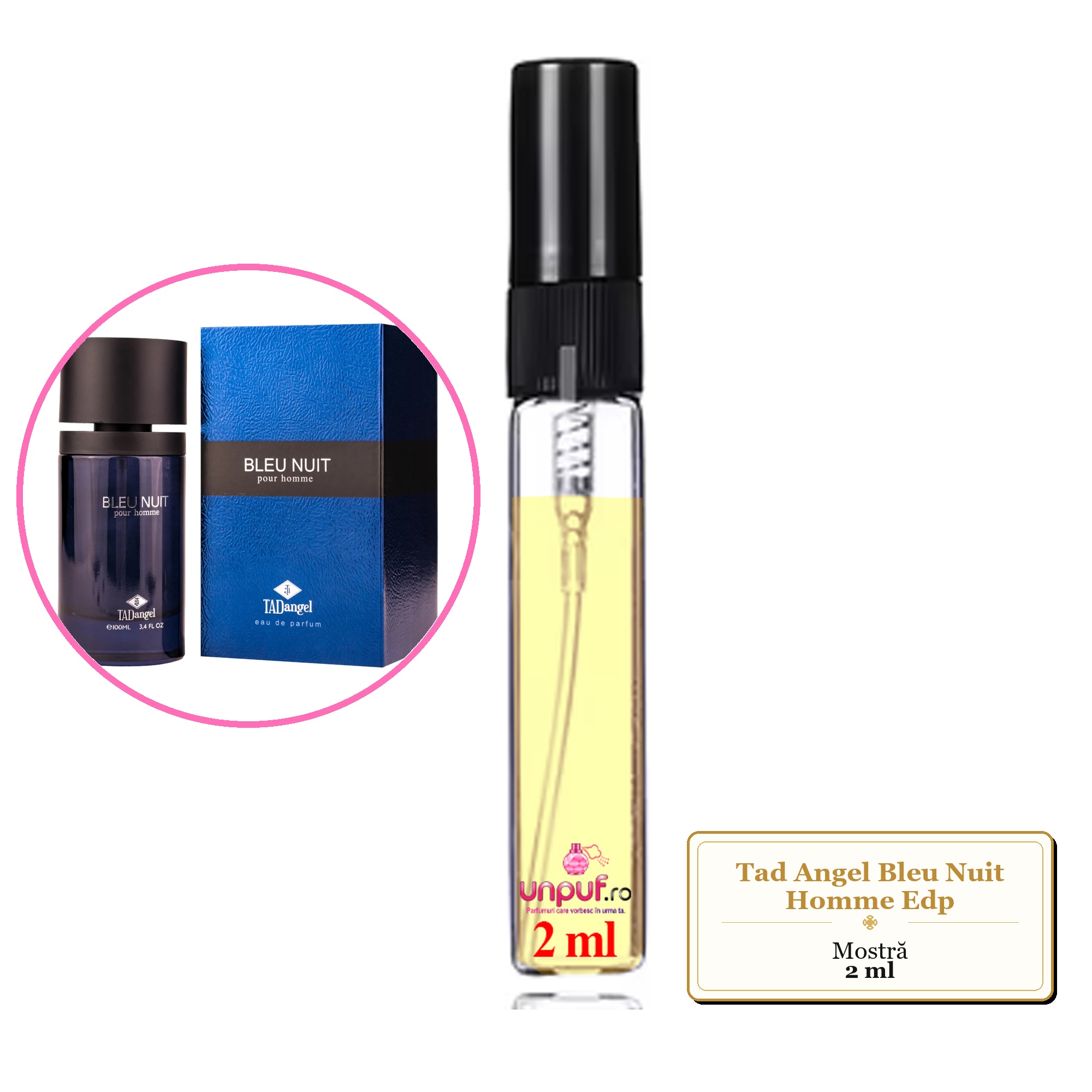 Mostra fiola din Parfumul Tad Angel Bleu Nuit Homme Edp, decant sticla cu pulverizator 