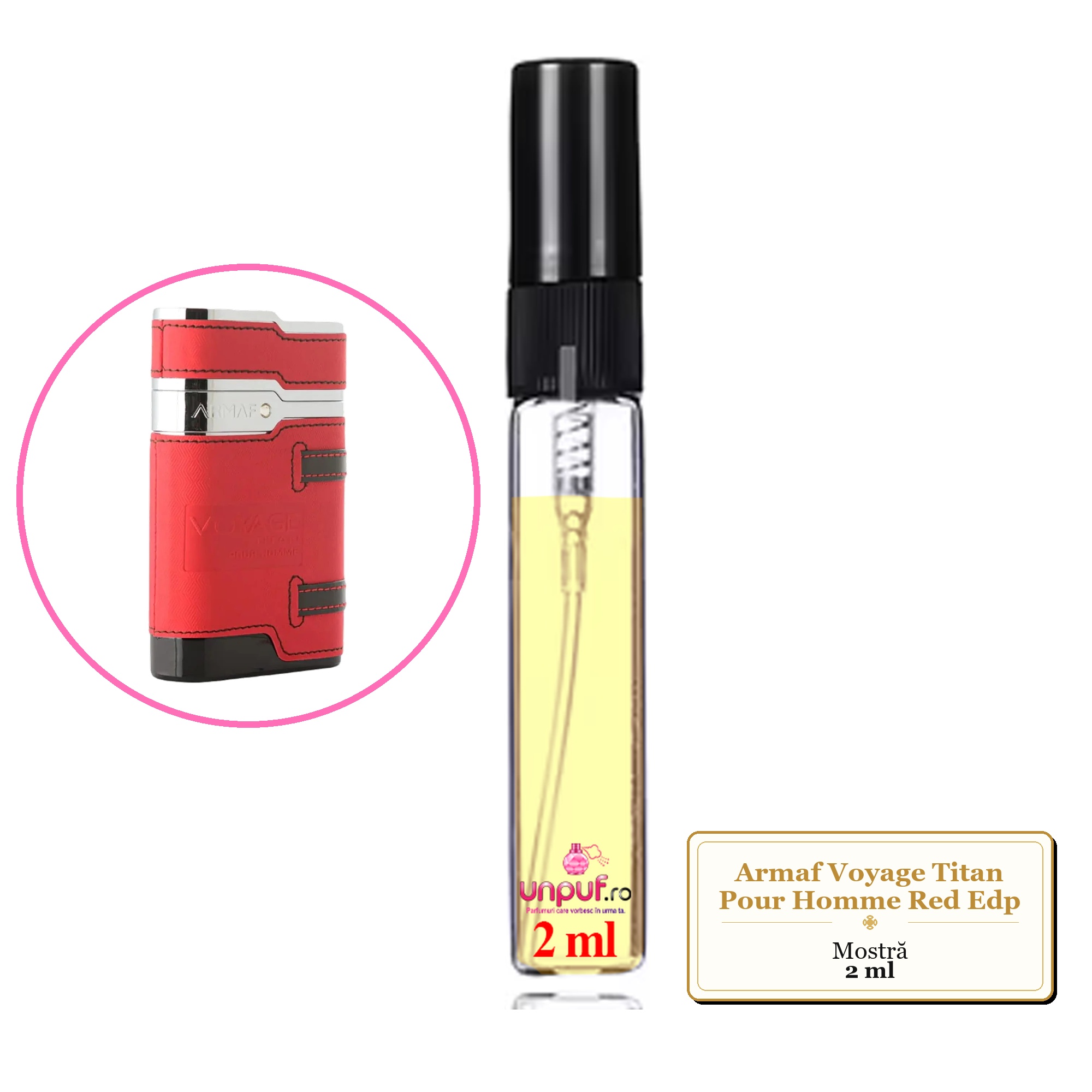 Mostra fiola din Parfumul Armaf Voyage Titan Pour Homme Red Edp, decant sticla cu pulverizator 