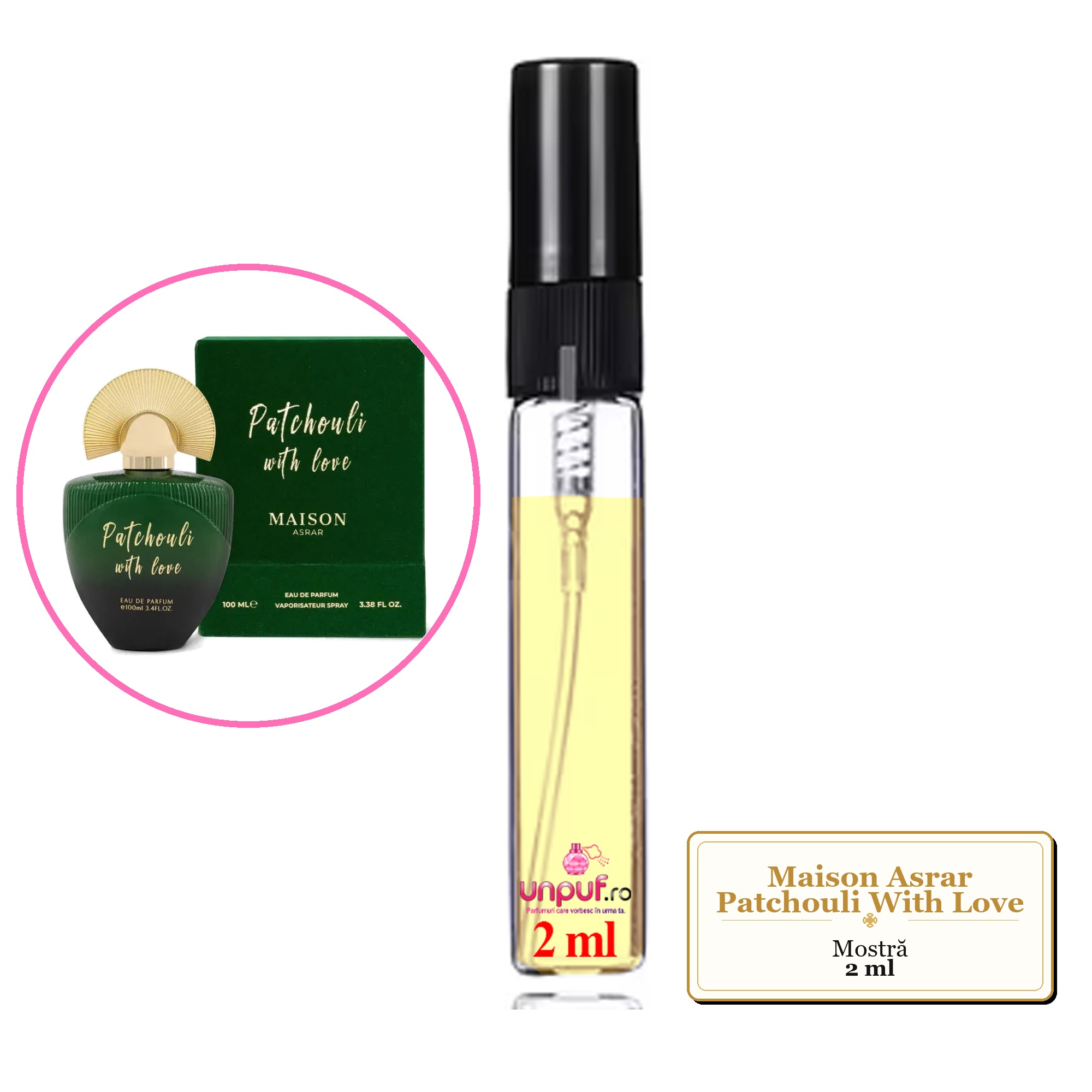 Mostra fiola din Parfumul Maison Asrar Patchouli With Love, decant sticla cu pulverizator