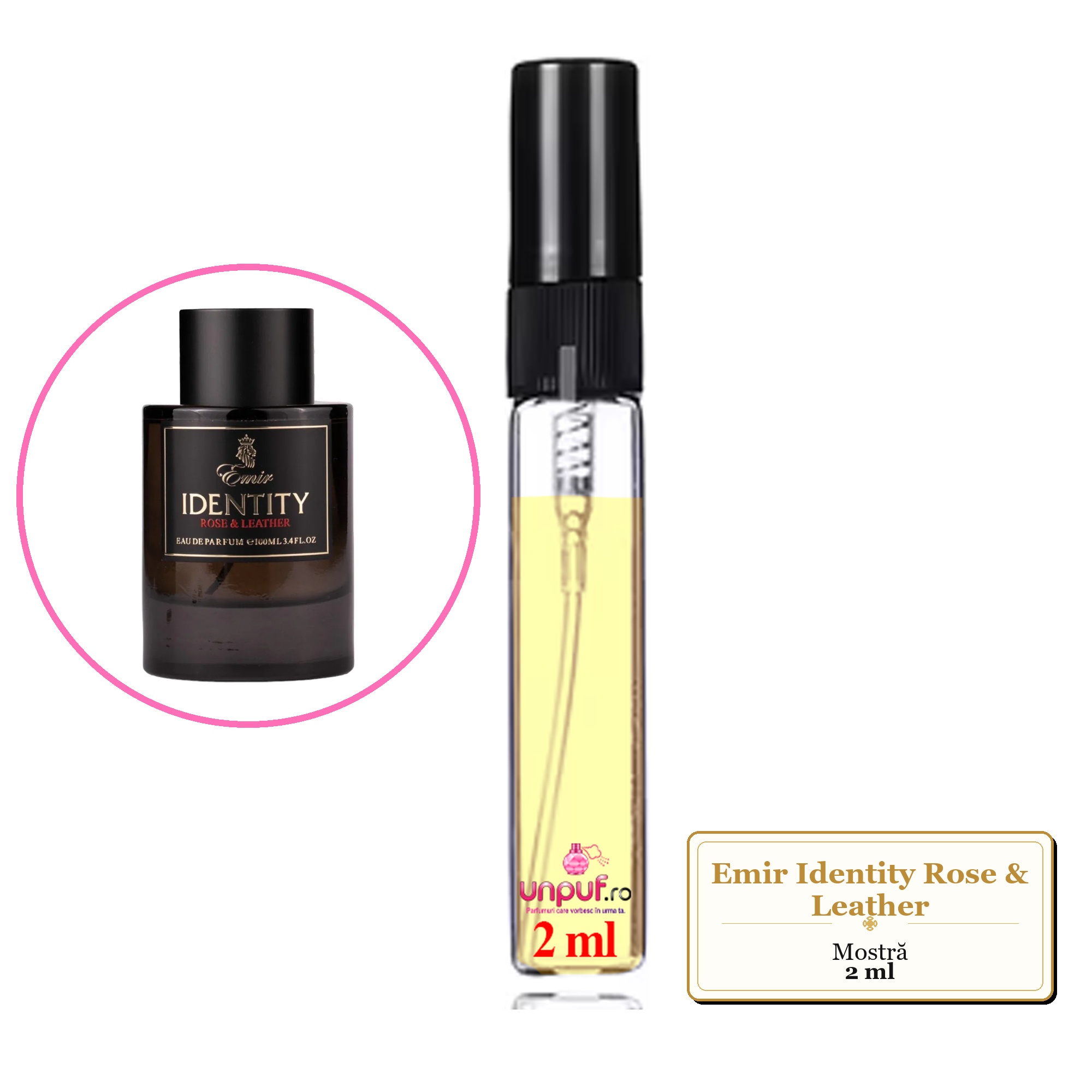 Mostra fiola din Parfumul Emir Identity Rose & Leather, decant sticla cu pulverizator 