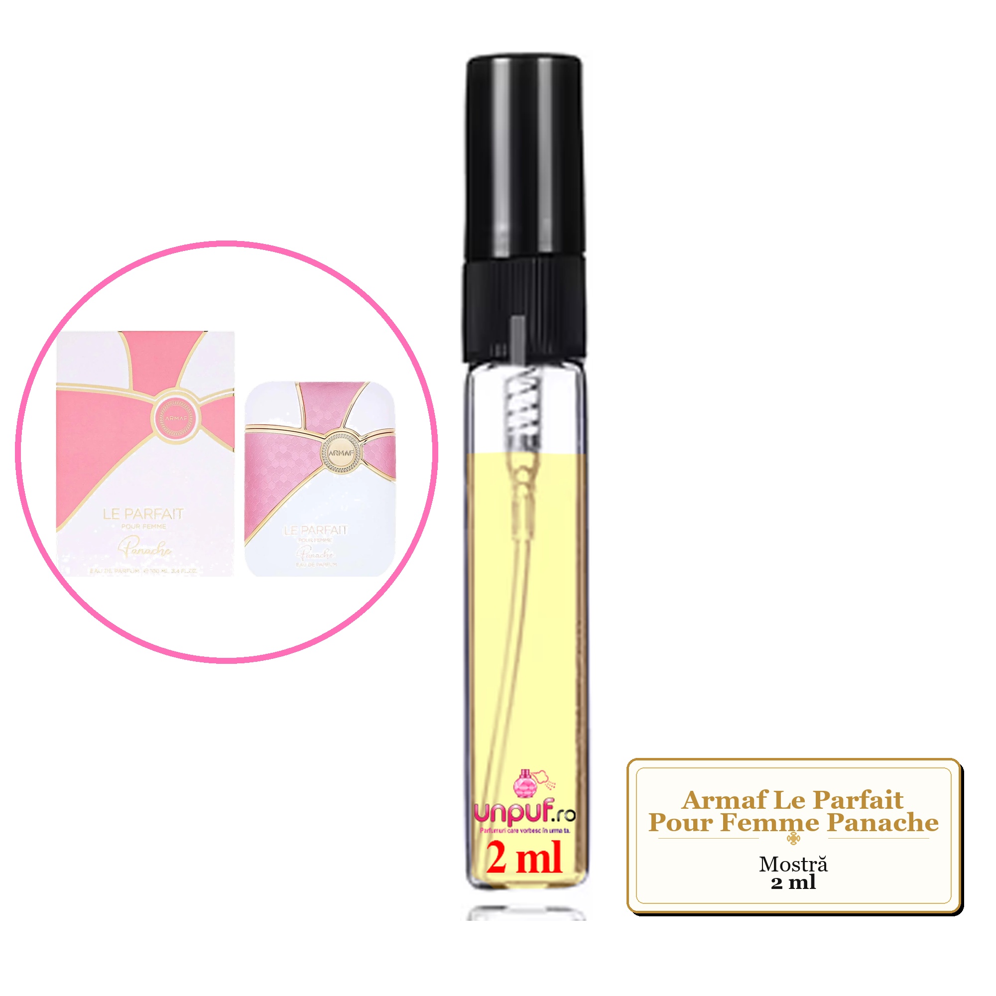 Mostra fiola din Parfumul Armaf Le Parfait Pour Femme Panache, decant sticla cu pulverizator 