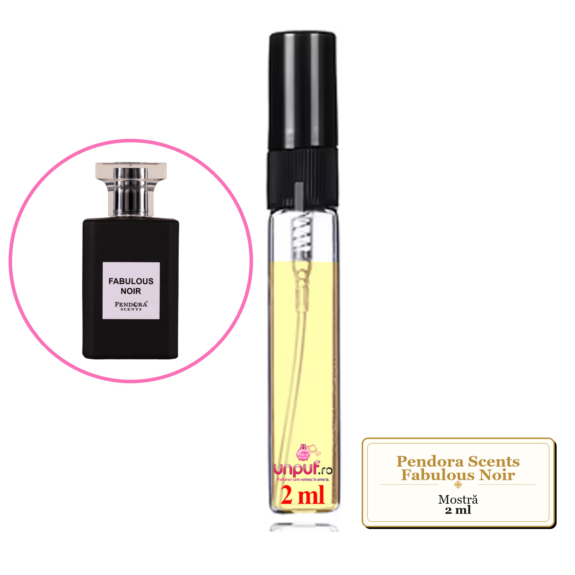 Mostra fiola din Parfumul Pendora Scents Fabulous Noir, decant sticla cu pulverizator