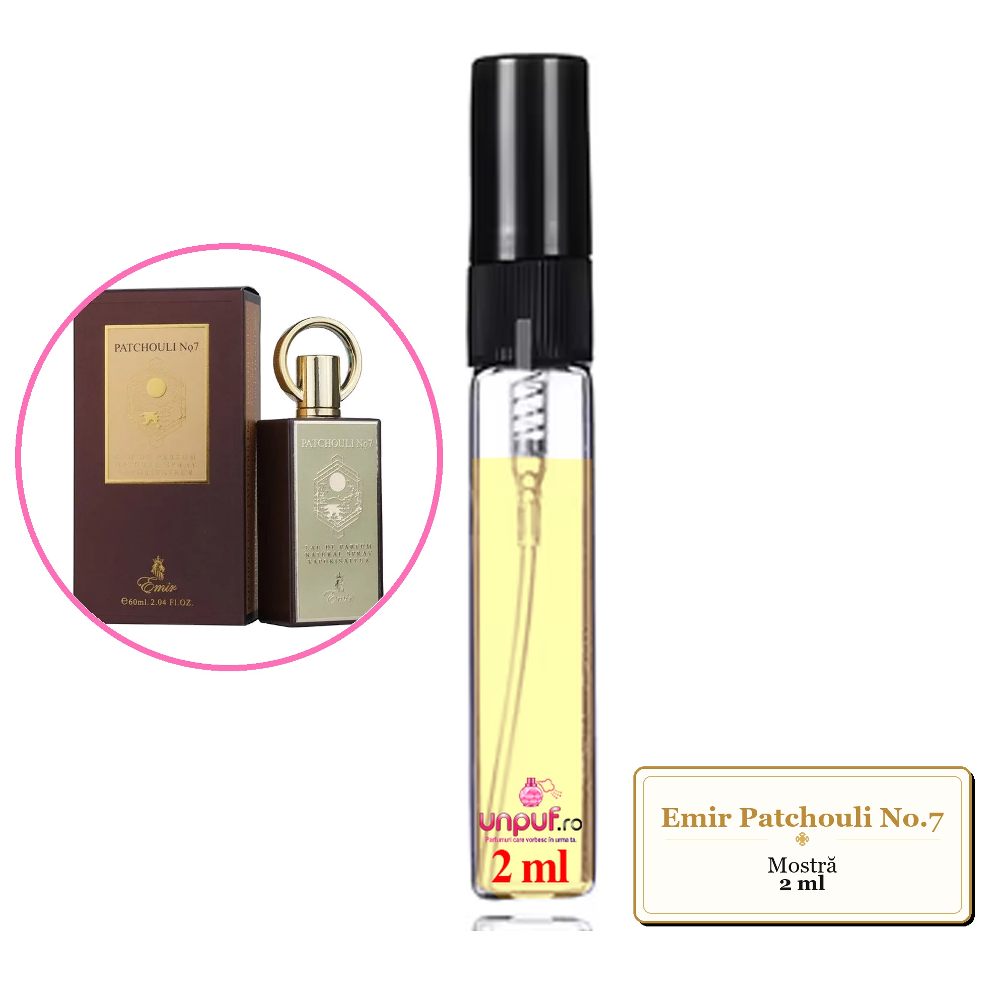 Mostra fiola din Parfumul Emir Patchouli No.7, decant sticla cu pulverizator 