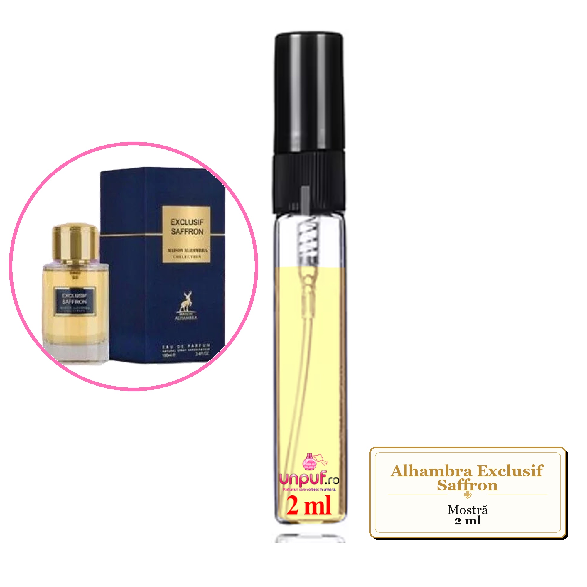 Mostra fiola din Parfumul Alhambra Exclusif Saffron, decant sticla cu pulverizator
