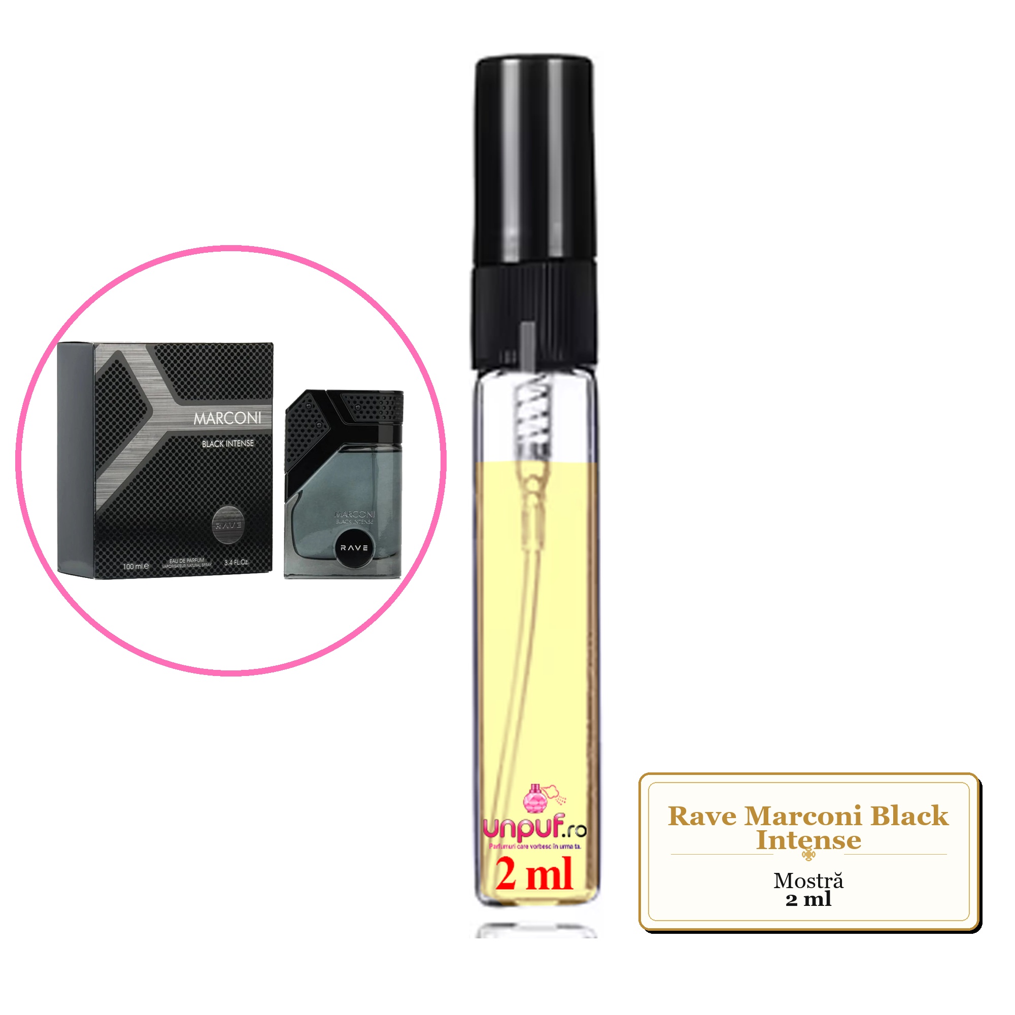 Mostra fiola din Parfumul Rave Marconi Black Intense, decant sticla cu pulverizator 