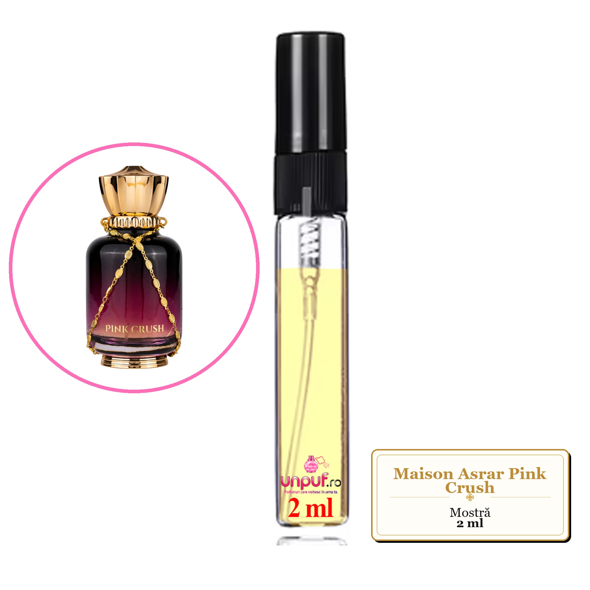 Mostra fiola din Parfumul Maison Asrar Pink Crush, decant sticla cu pulverizator 