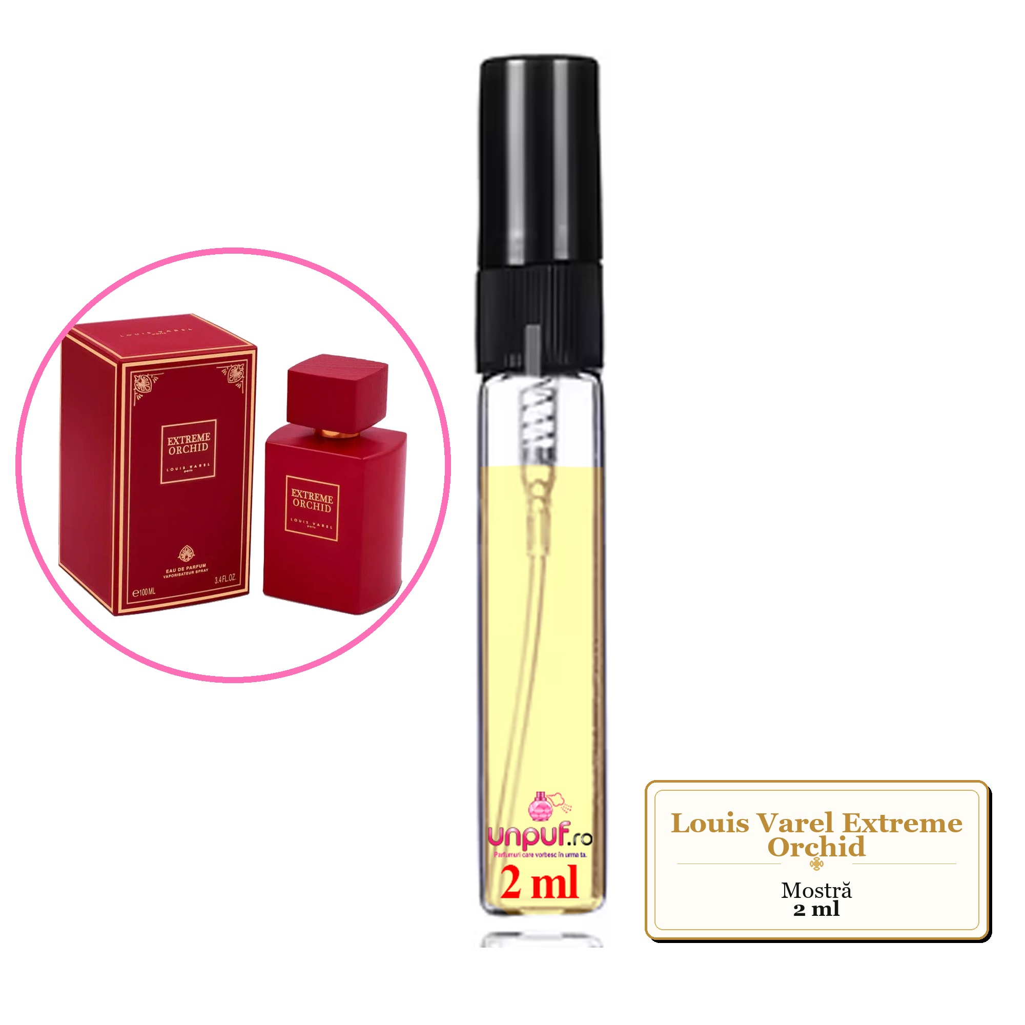 Mostra fiola din Parfumul Louis Varel Extreme Orchid, decant sticla cu pulverizator 