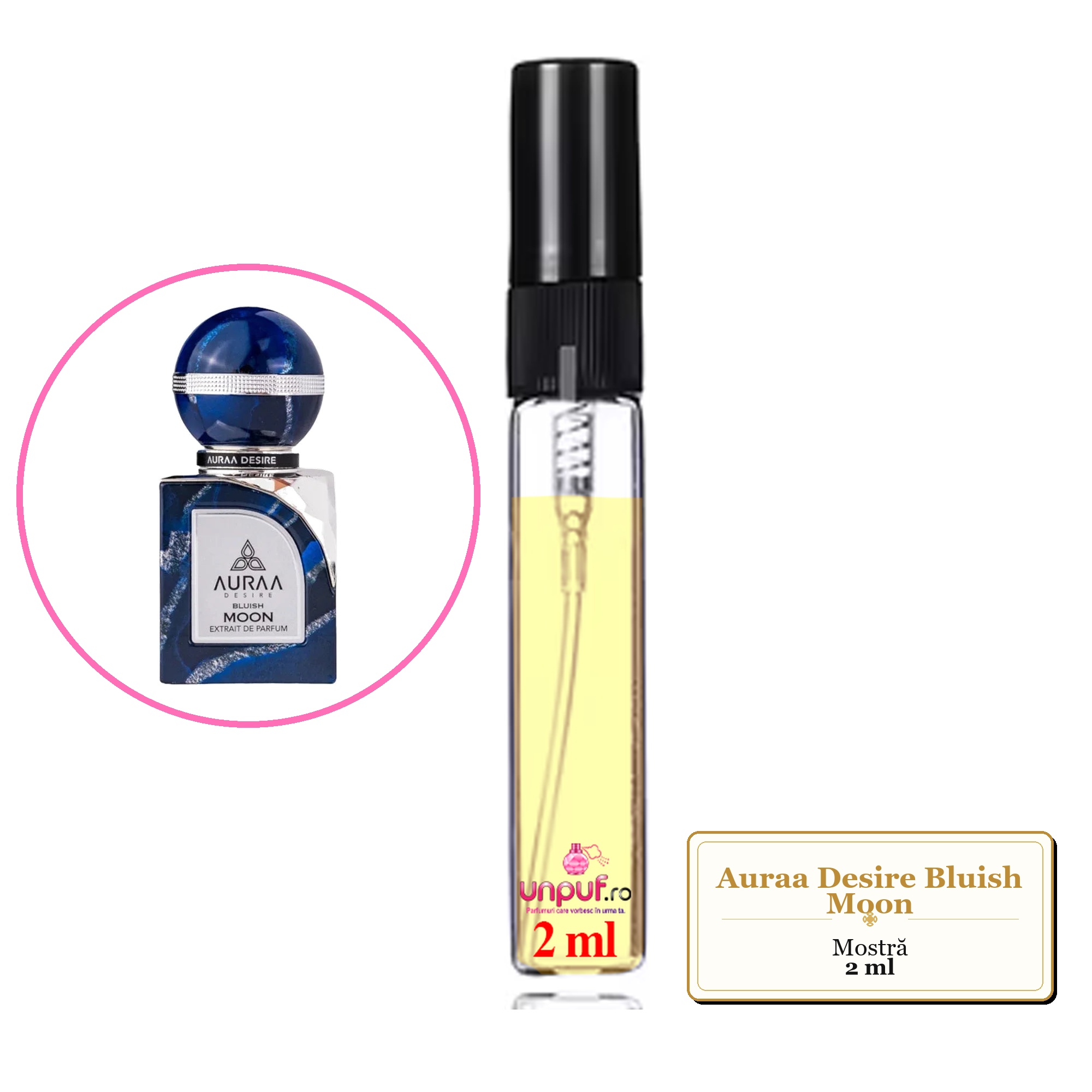 Mostra fiola din Parfumul Auraa Desire Bluish Moon, decant sticla cu pulverizator 