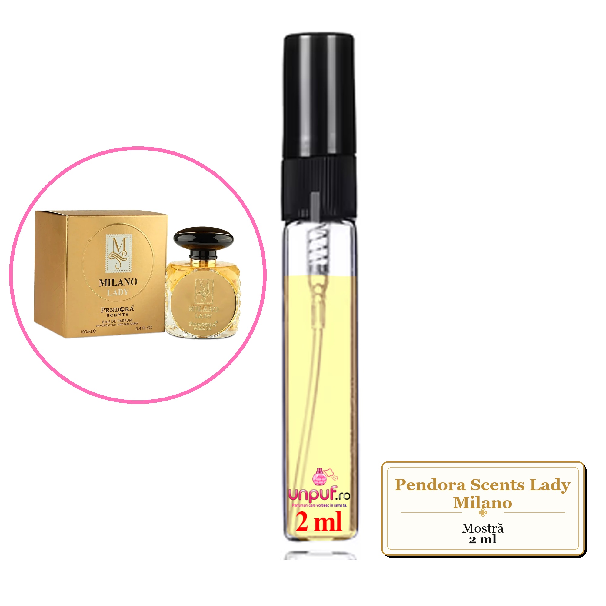 Mostra fiola din Parfumul Pendora Scents Lady Milano, decant sticla cu pulverizator 