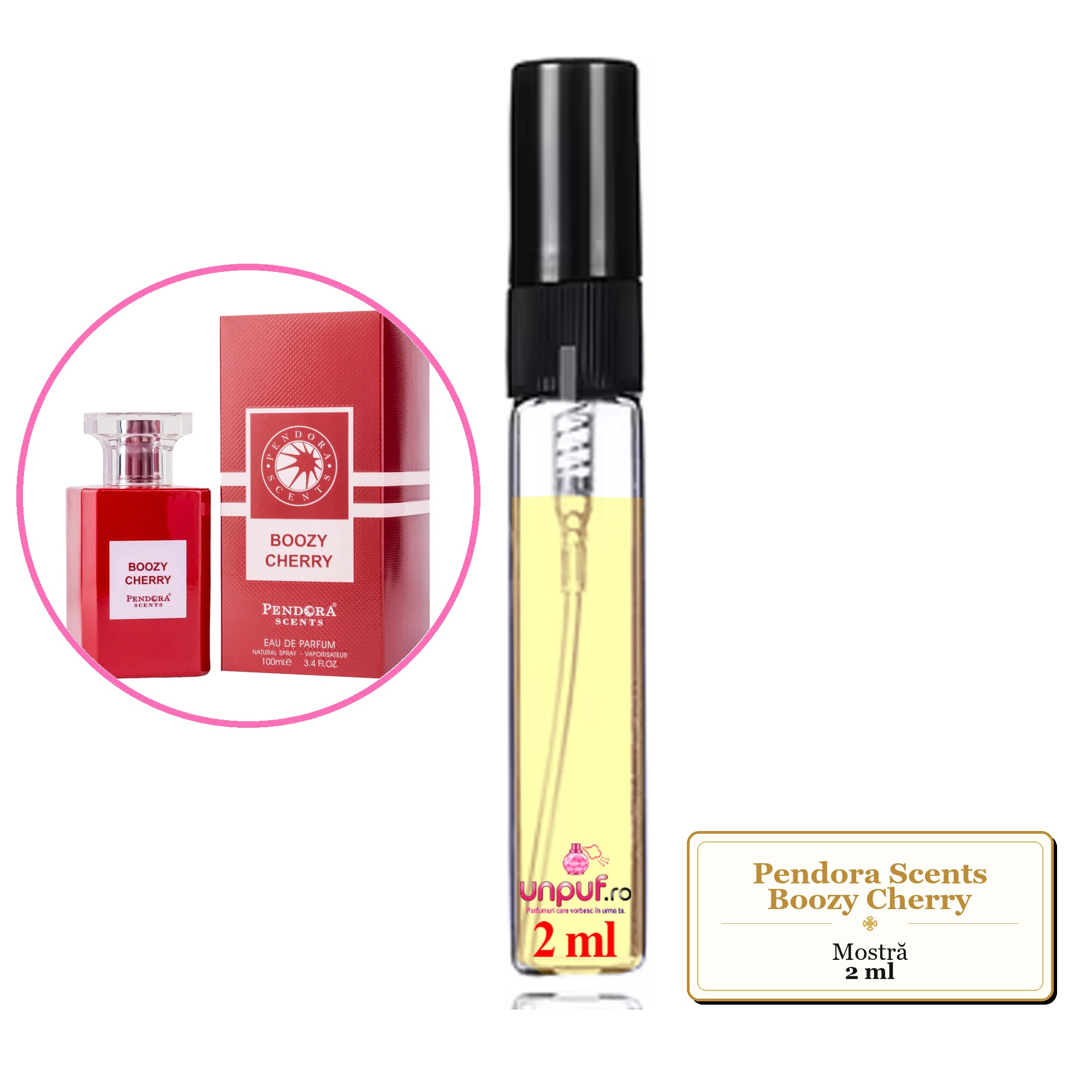 Mostra fiola din Parfumul Pendora Scents Boozy Cherry, decant sticla cu pulverizator